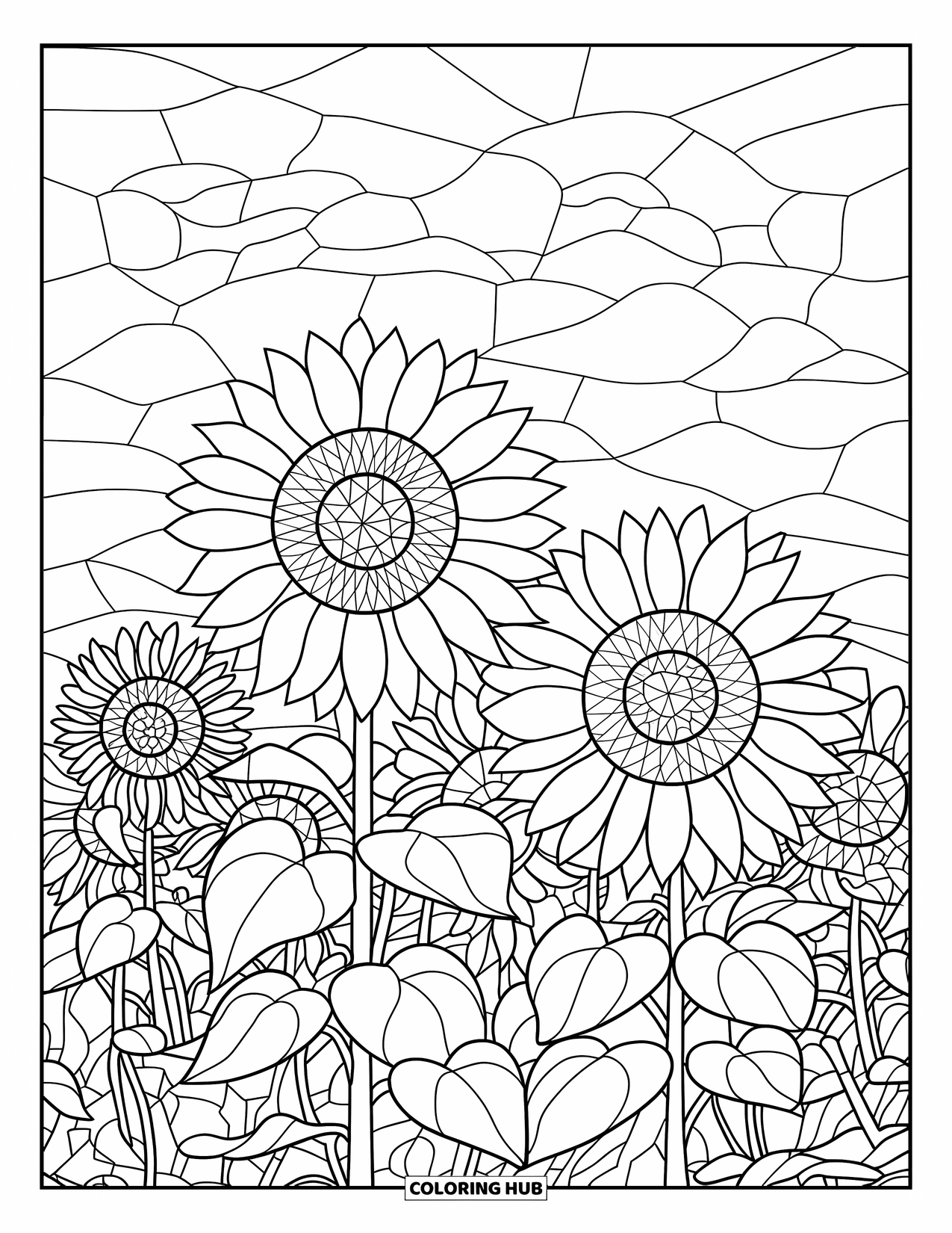 Buntglas Ausmalbild für Erwachsene: Reihe von kräftigen Sonnenblumen in einer Landschaft im Buntglasstil