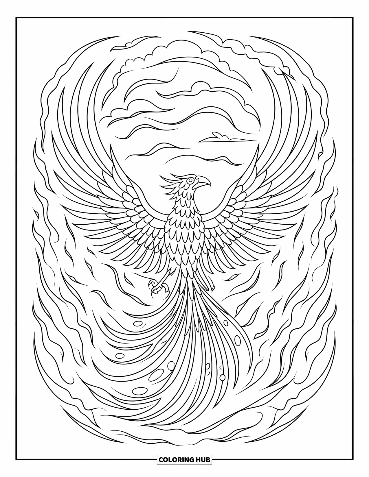 Buntglas Ausmalbild für Erwachsene: Aufsteigender Phönix im Buntglas mit kräftigen, feurigen Mustern