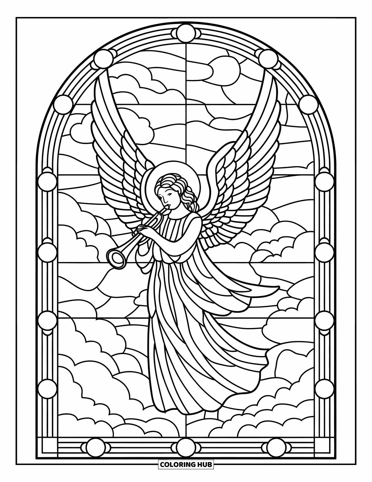 Buntglas Ausmalbild für Erwachsene: Buntglas-Engel mit einer Trompete in einem leuchtenden Himmelsrahmen