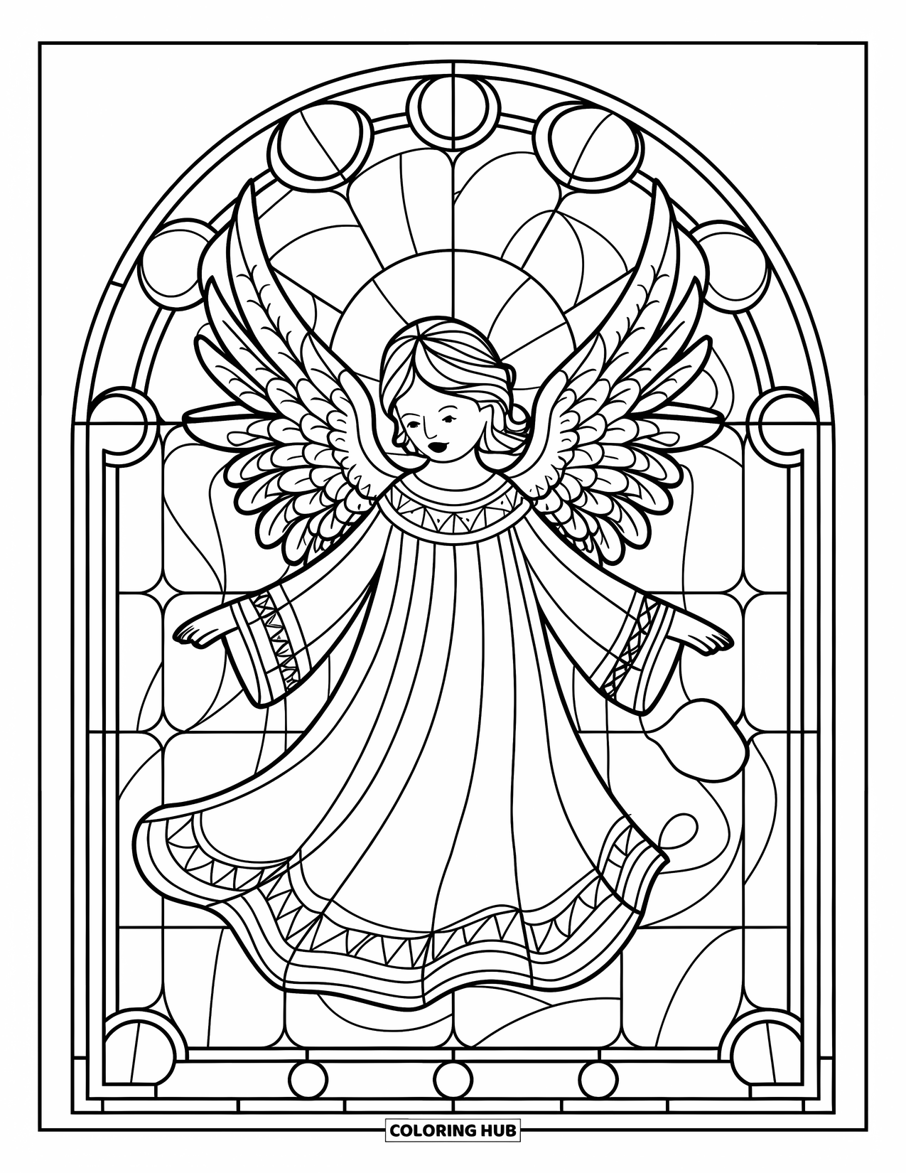 Buntglas Ausmalbild für Erwachsene: Buntglas-Engel mit detaillierten Flügeln in einem gewölbten Rahmen