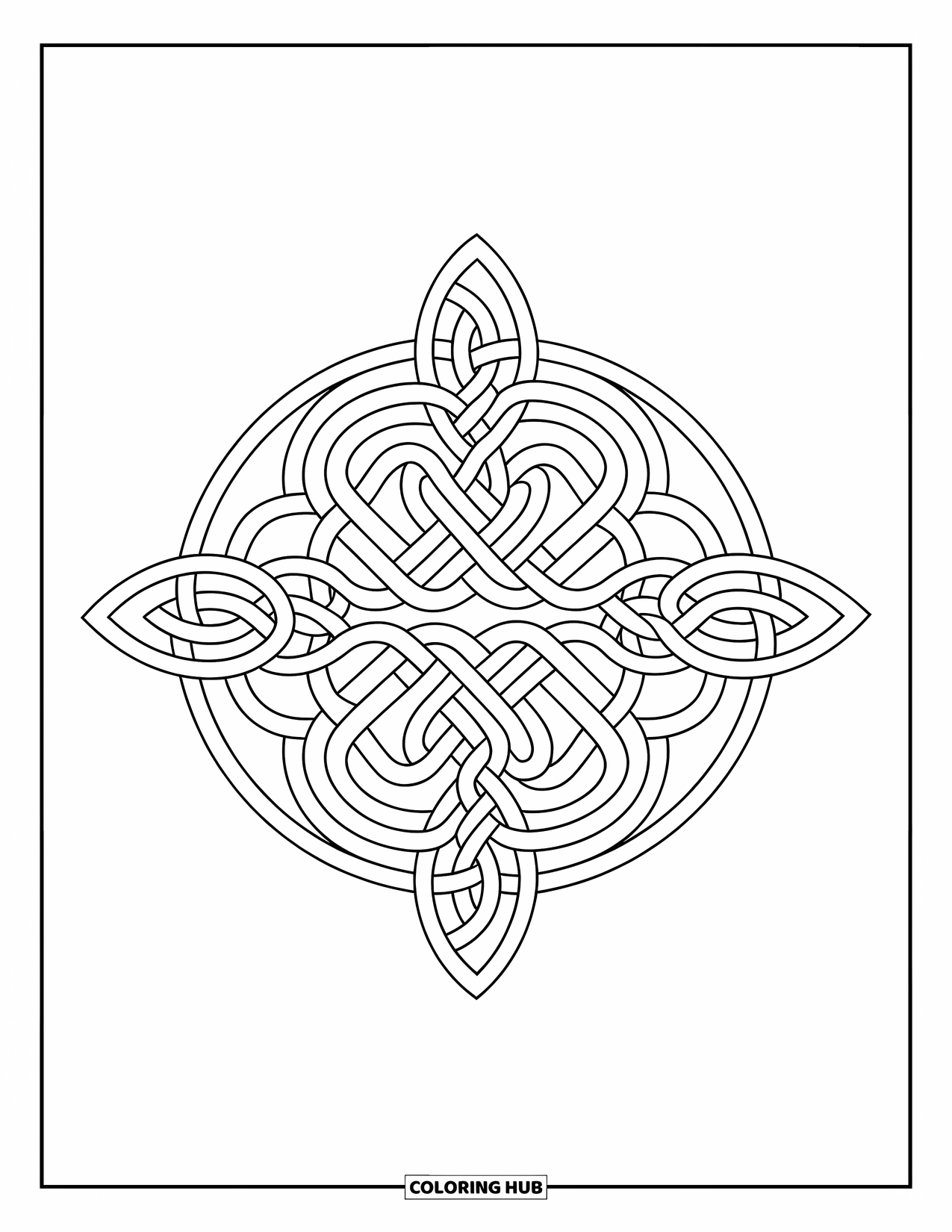 Buntglas Ausmalbild für Erwachsene: Keltischer Buntglasknoten mit kräftigen Schlaufen und klarer Symmetrie