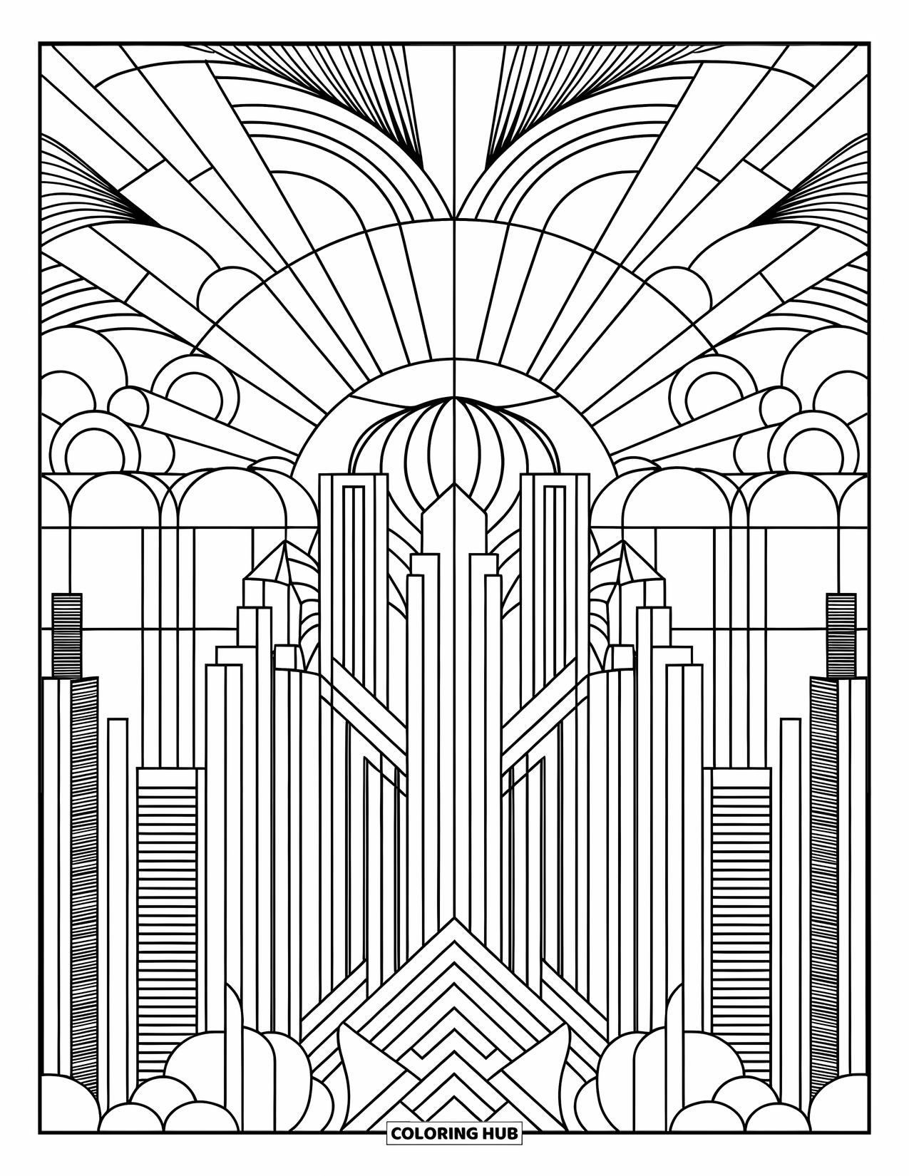 Buntglas Ausmalbild für Erwachsene: Buntglas-Skyline der Stadt mit hohen Gebäuden und Sonnenstrahlenmustern