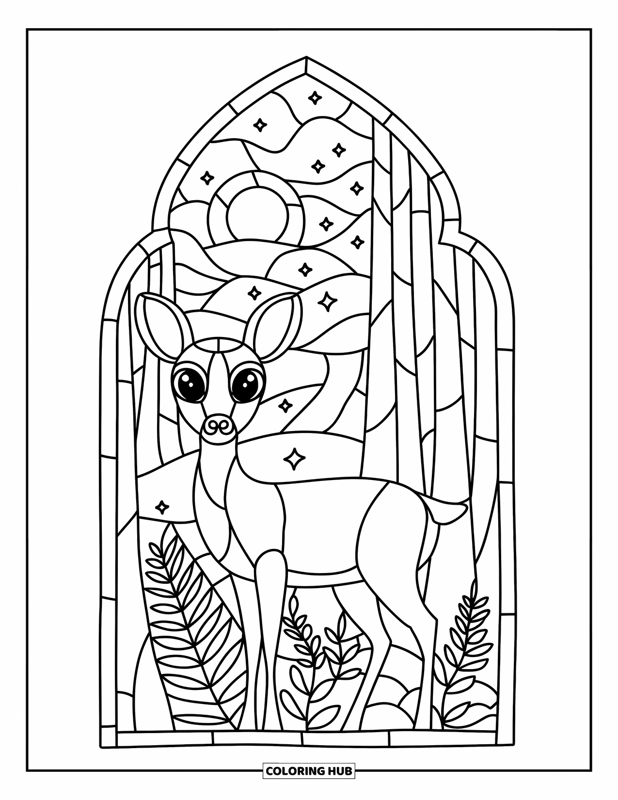 Buntglas Ausmalbild für Erwachsene: Buntglas-Hirsch in einem leuchtenden Wald unter einem Vollmond