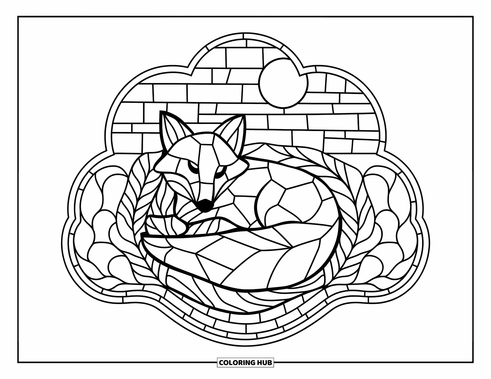 Buntglas Ausmalbild für Erwachsene: Buntglas-Fuchs, eingebettet in Blätter unter einem mondbeschienenen Mosaikhimmel