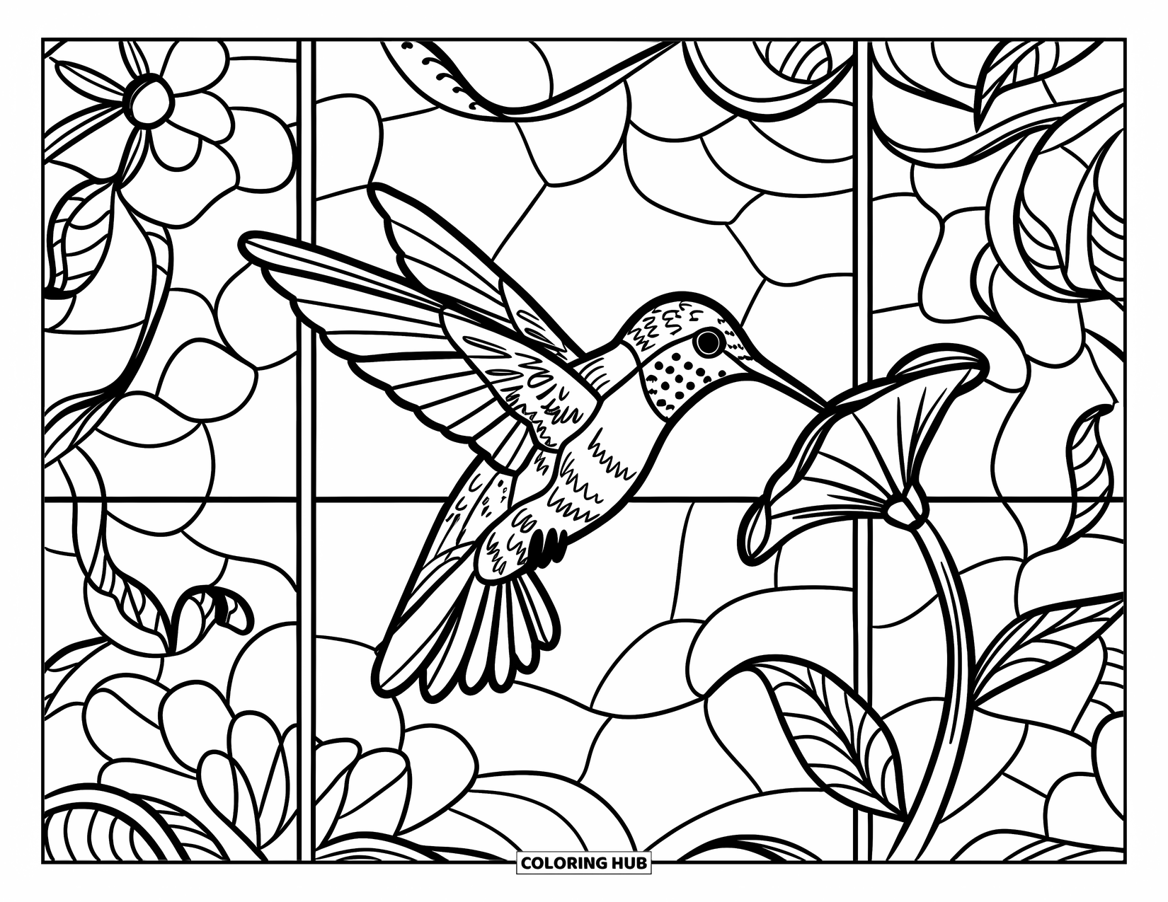 Buntglas Ausmalbild für Erwachsene: Buntglas-Kolibri, der in der Nähe von wirbelnden Blumenmustern flattert