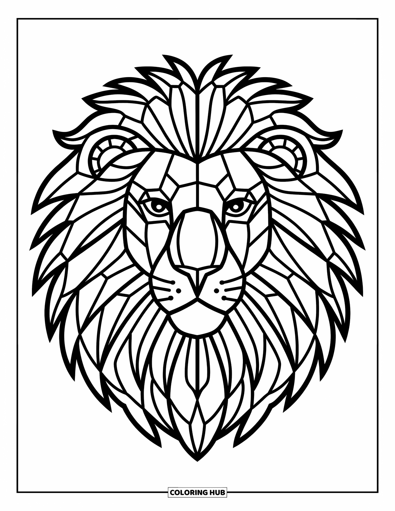 Buntglas Ausmalbild für Erwachsene: Buntglas-Löwenkopf mit flammenförmiger Mähne und kräftigen Gesichtszügen