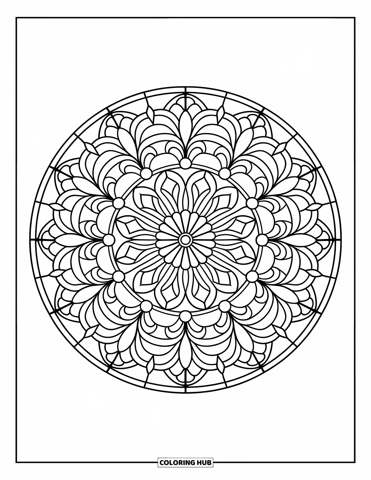 Buntglas Ausmalbild für Erwachsene: Buntglas-Mandala mit Blumen, Blättern und geometrischer Symmetrie