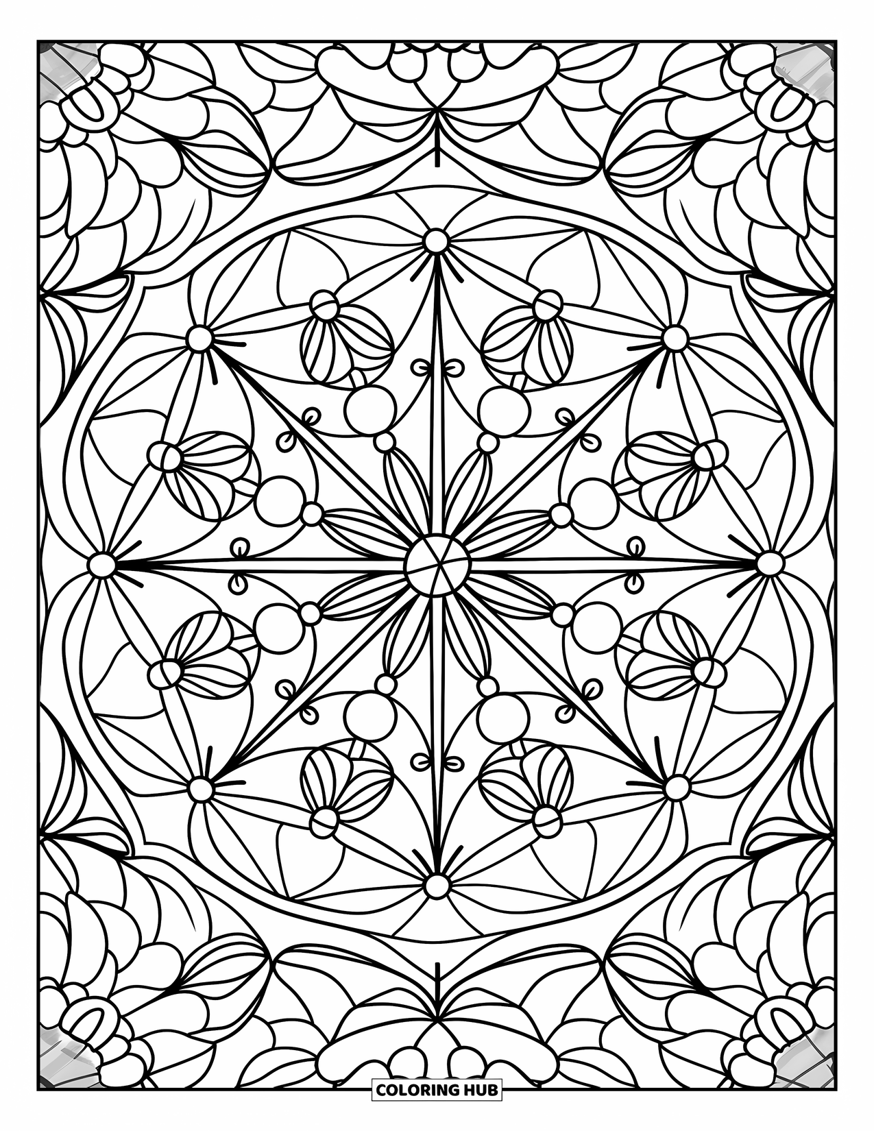 Buntglas Ausmalbild für Erwachsene: Buntglas-Mandala mit Blumen, Sternen und heiligen Formen in einem gespiegelten Layout