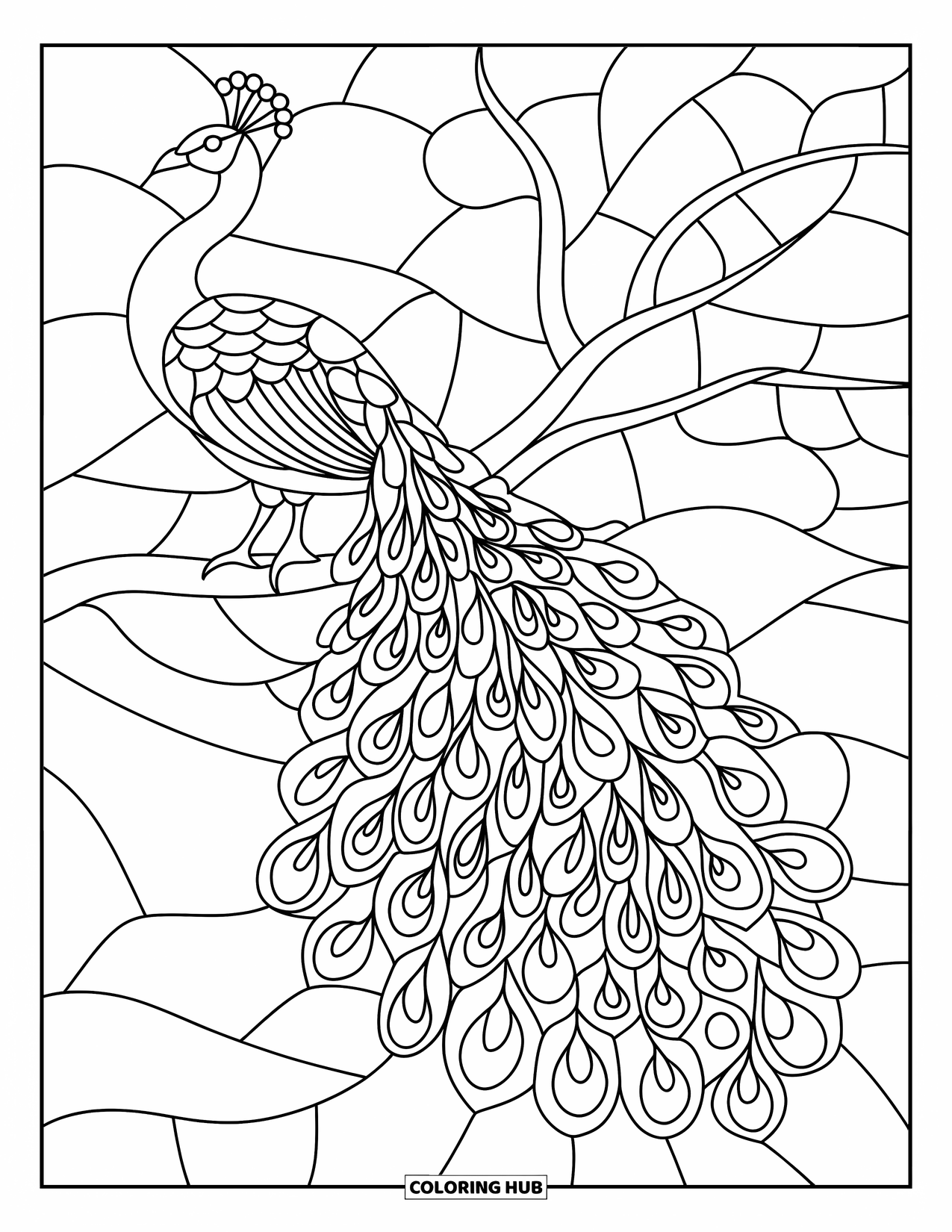 Buntglas Ausmalbild für Erwachsene: Buntglas-Pfau, der mit einem vollen Zierschwanz aufrecht steht