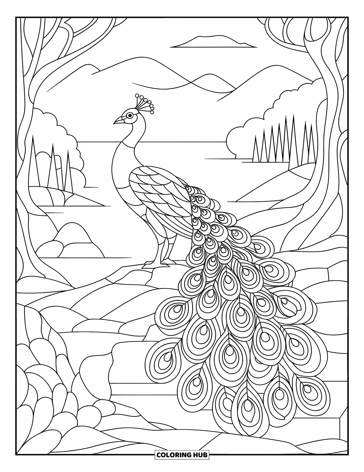 Buntglas Ausmalbild für Erwachsene: Buntglas-Pfau mit fließenden, juwelenartigen Federn auf einem Ast