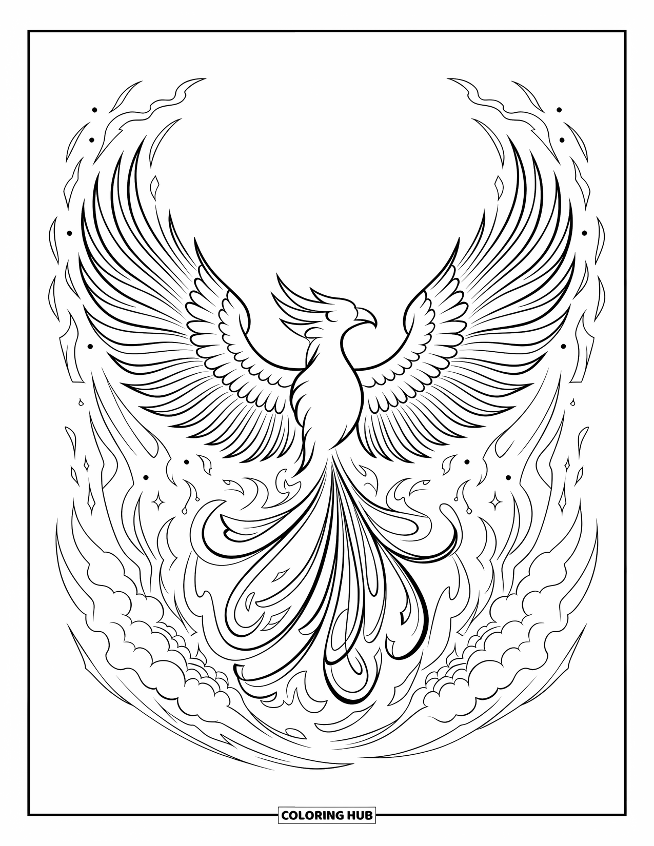 Buntglas Ausmalbild für Erwachsene: Buntglas-Phönix, der sich in wirbelndem Feuer mit ausgestreckten Flügeln erhebt