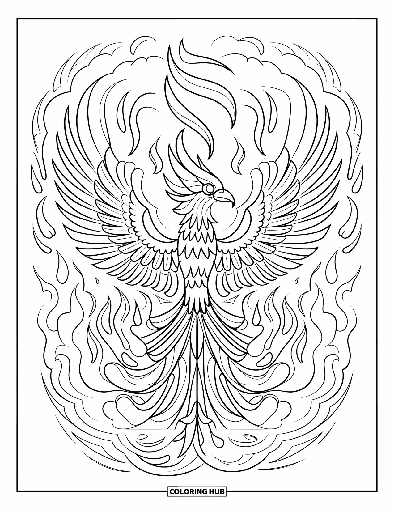 Buntglas Ausmalbild für Erwachsene: Buntglasphönix mit weit ausgebreiteten Flügeln in wirbelndem Feuer