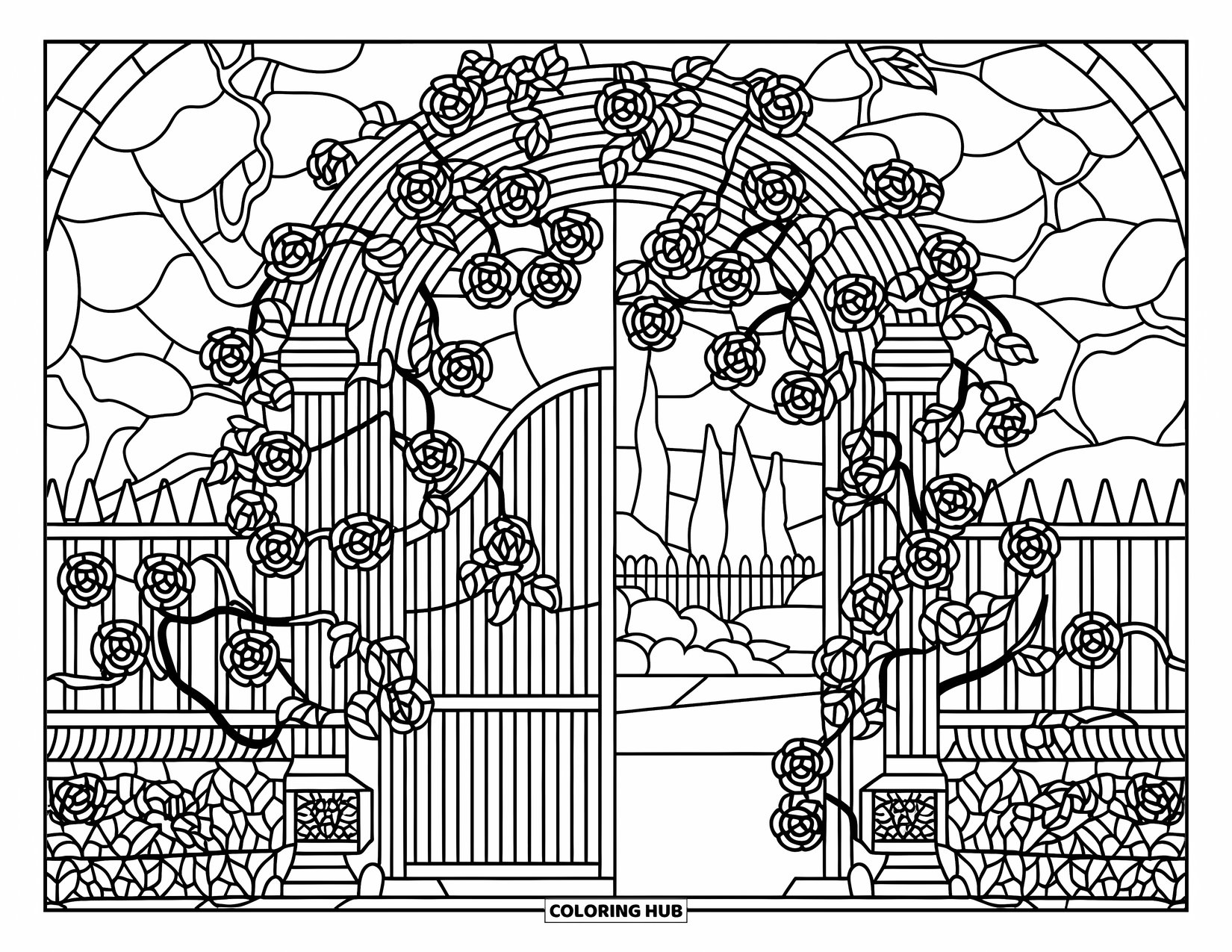 Buntglas Ausmalbild für Erwachsene: Buntglas-Holztor mit Rosen, Efeu und friedlichen Gartendetails