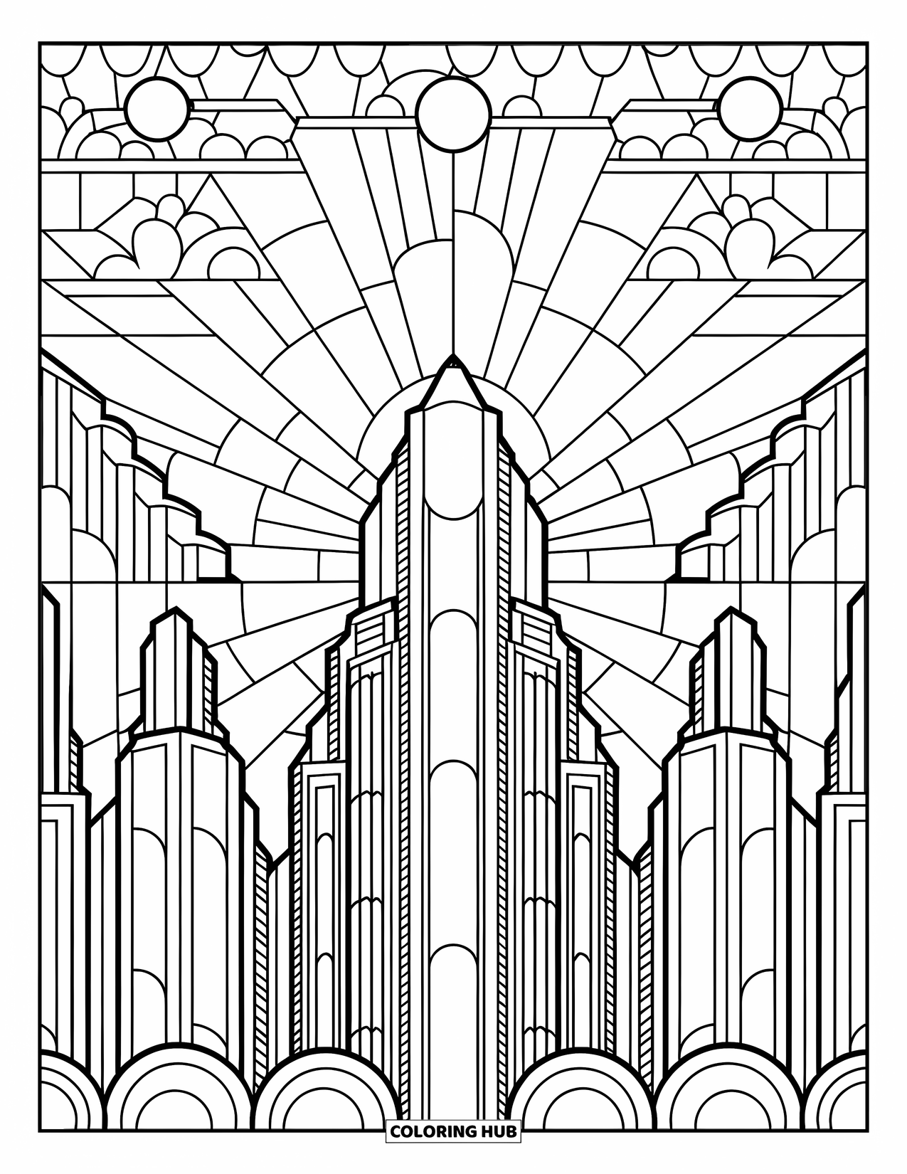 Buntglas Ausmalbild für Erwachsene: Skyline der Stadt mit Sonnenstrahlen im Art-Deco-Buntglasstil