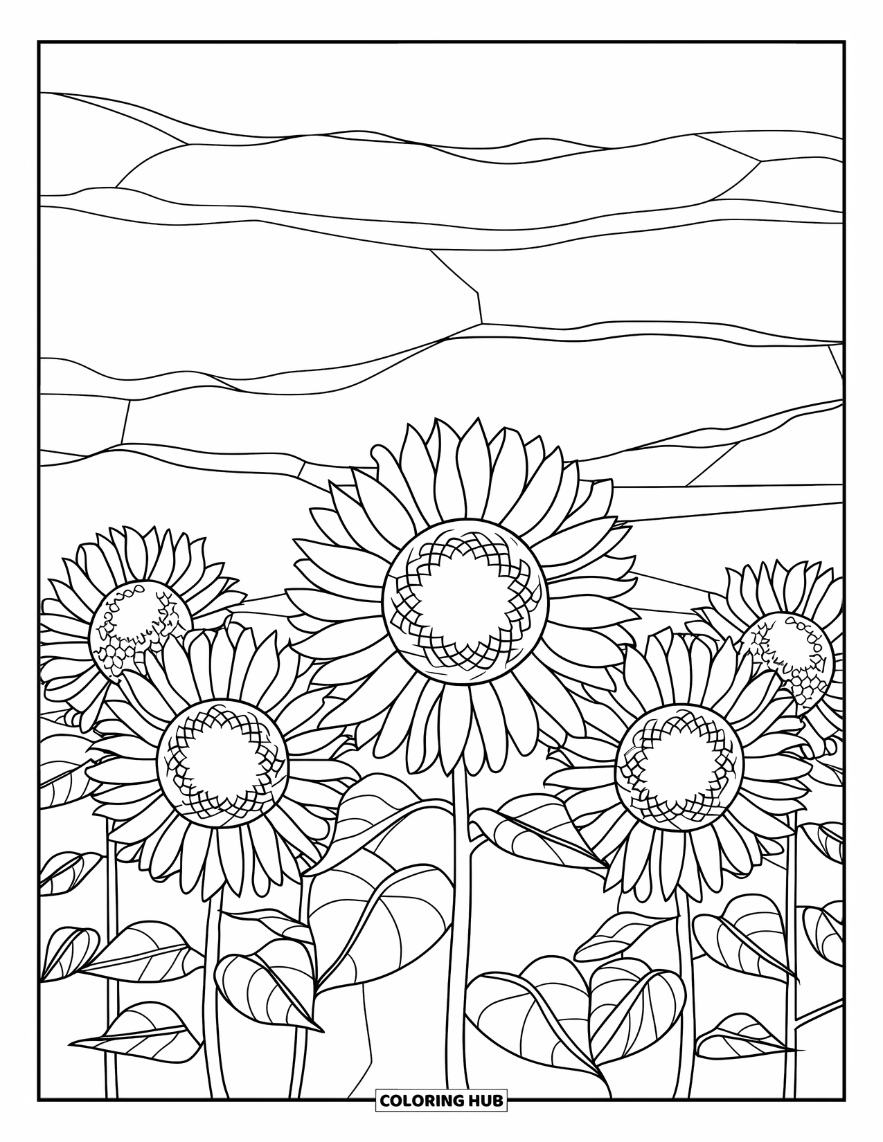 Buntglas Ausmalbild für Erwachsene: Sonnenblumenfeld im Buntglasstil mit gemusterten Blättern und großen Blüten