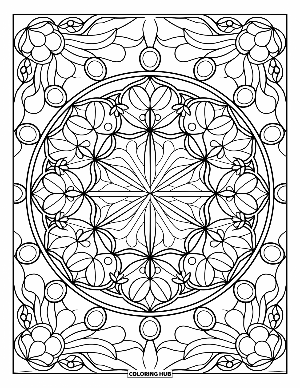 Buntglas Ausmalbild für Erwachsene: Symmetrisches Blumen- und Sterndesign im Buntglas-Mandala-Stil