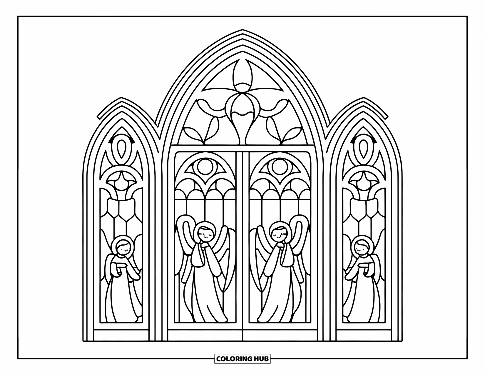 Buntglas Ausmalbild für Erwachsene: Hohe Buntglastür mit Engelsfiguren und floralem Maßwerk