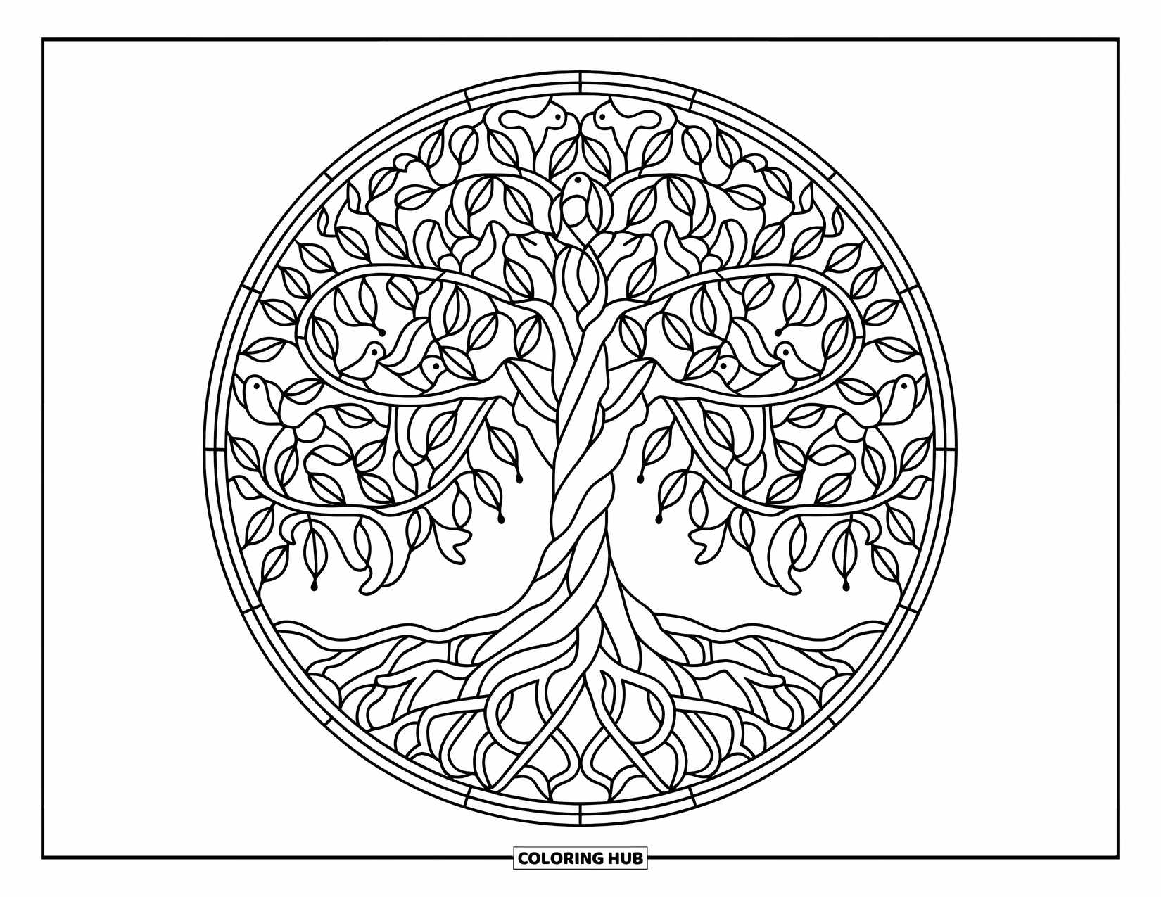Buntglas Ausmalbild für Erwachsene: Baum des Lebens im Buntglasstil mit Vögeln, Tieren und sich windenden Wurzeln
