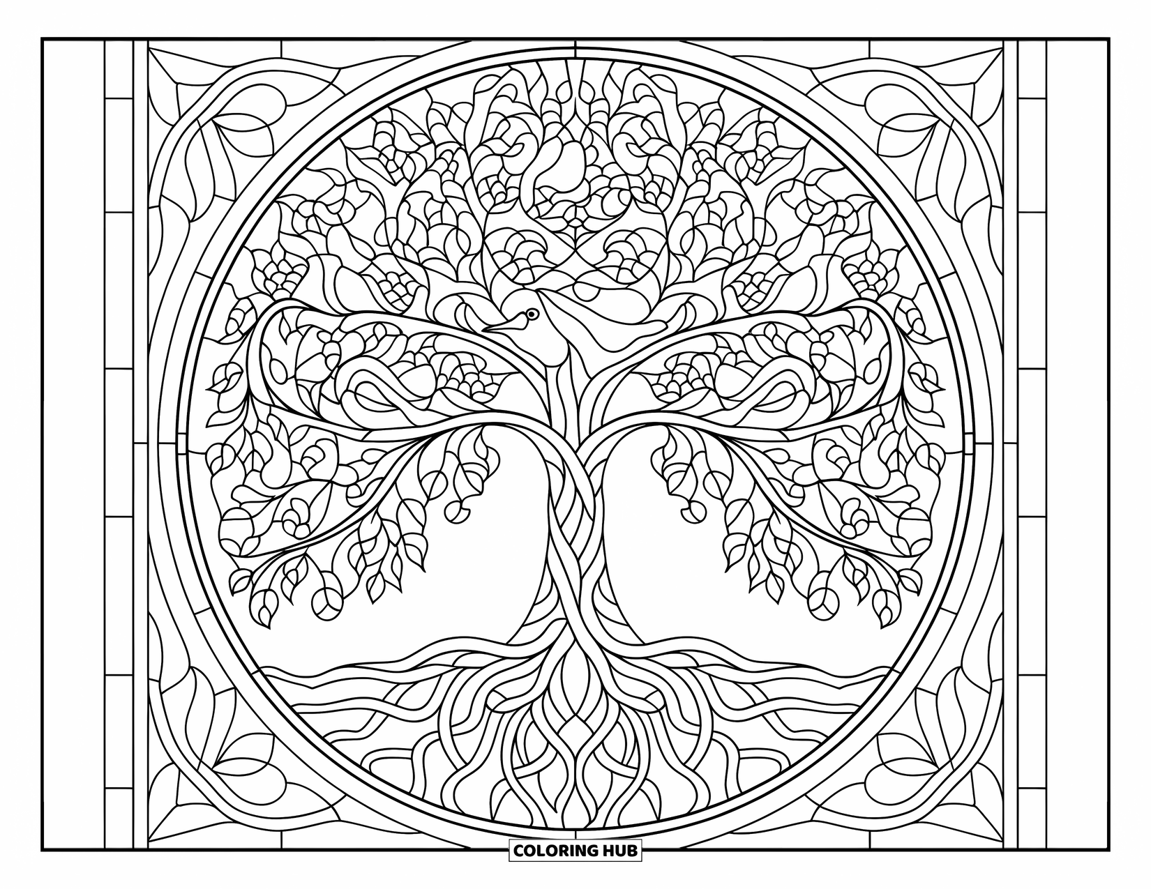 Buntglas Ausmalbild für Erwachsene: Skurriler Baum des Lebens mit Vögeln und Tieren in Buntglasfeldern