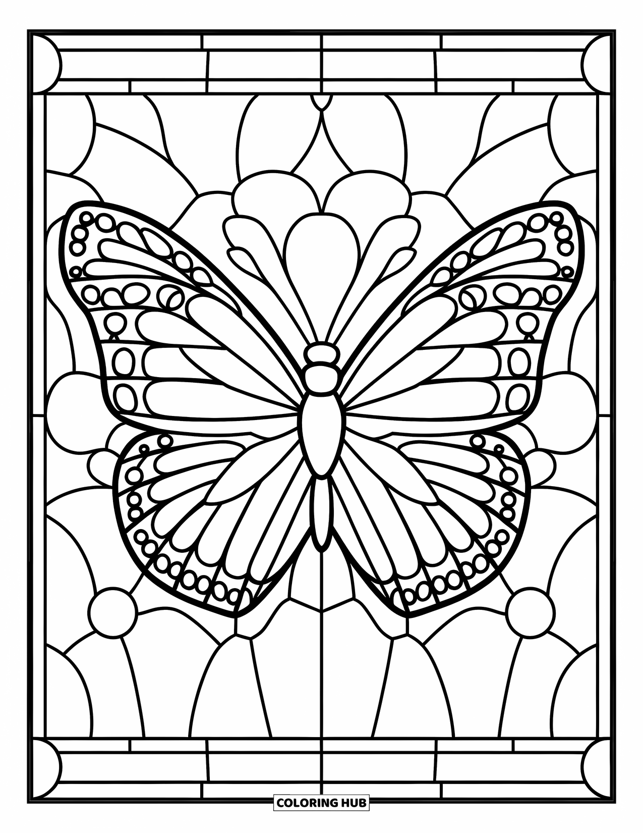 Buntglas Ausmalbild für Kinder: Großflügeliger Schmetterling, der in einem Buntglasfeld gerahmt ist