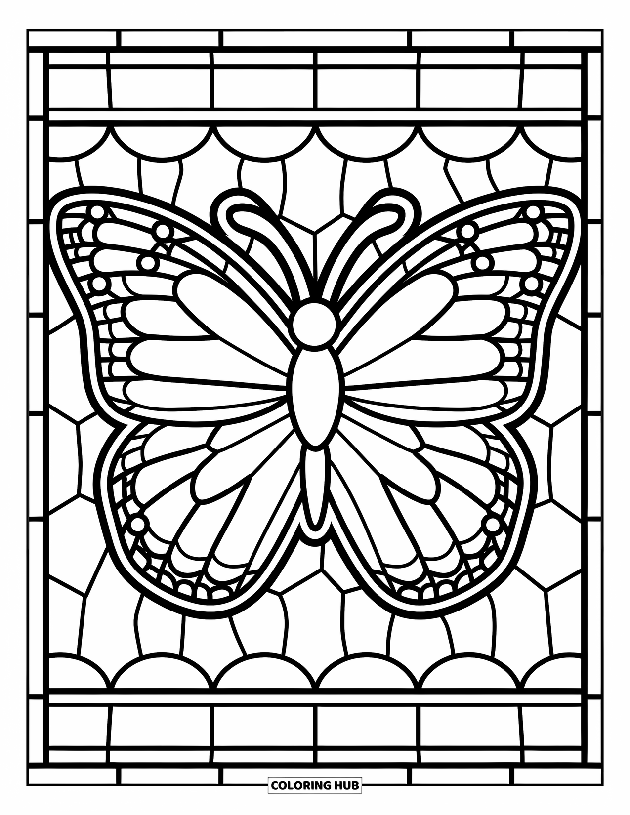 Buntglas Ausmalbild für Kinder: Kräftiger Buntglasschmetterling mit großen, einfachen Flügelmustern