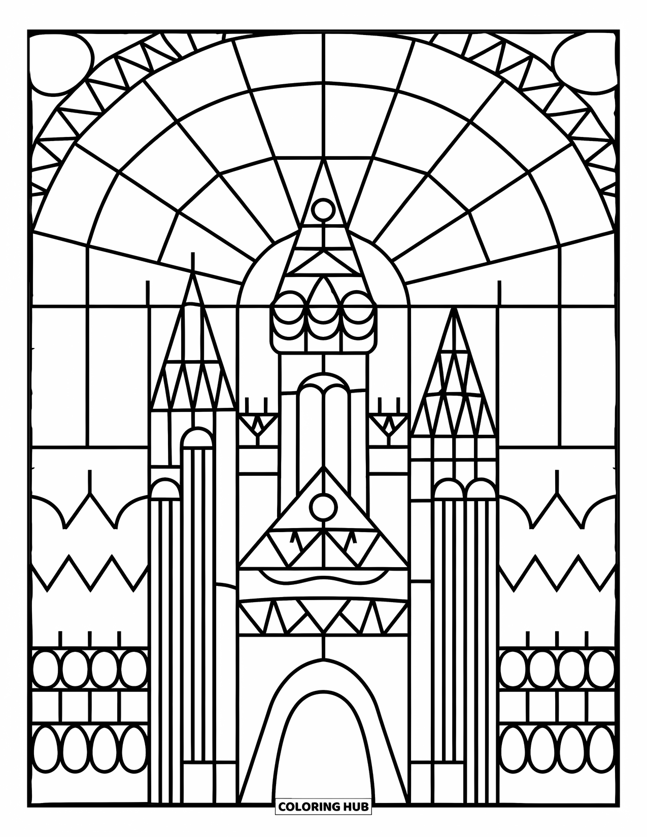 Buntglas Ausmalbild für Kinder: Kräftige Buntglasburg mit Zugbrücke und musterverziertem Himmel