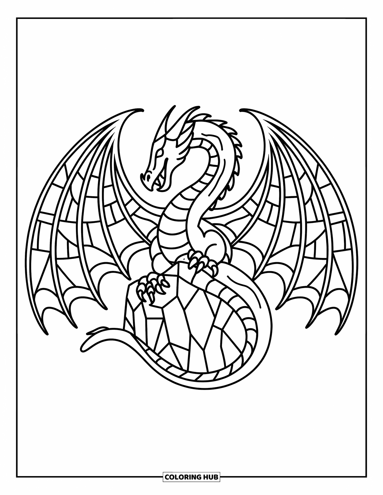 Buntglas Ausmalbild für Kinder: Kräftiger Buntglasdrache mit glasartigen Flügelpaneelen und einem Felsfuß