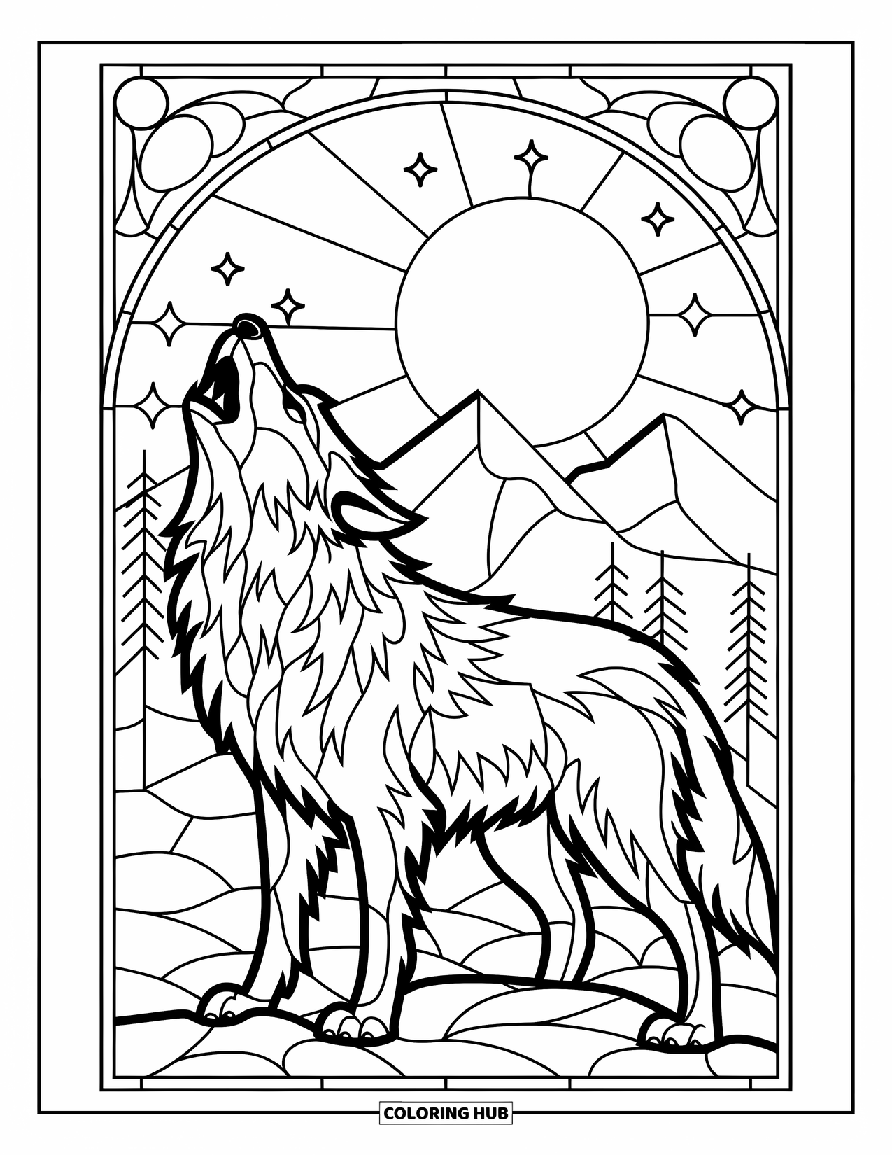 Buntglas Ausmalbild für Kinder: Kräftiger Buntglas-Heulwolf mit Bäumen, Mond und Sternen