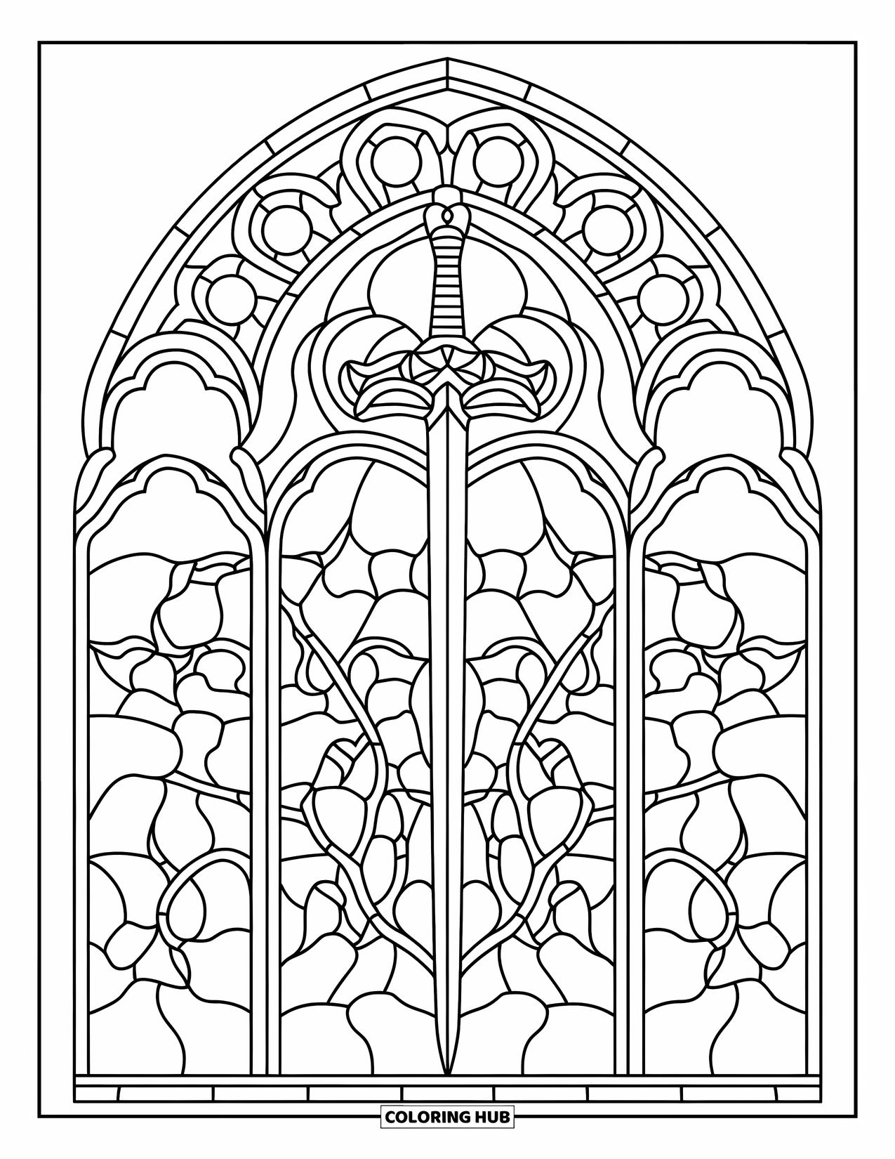 Buntglas Ausmalbild für Kinder: Kräftiges Buntglas-Rosenfenster mit symmetrischen Ranken und scharfen Details