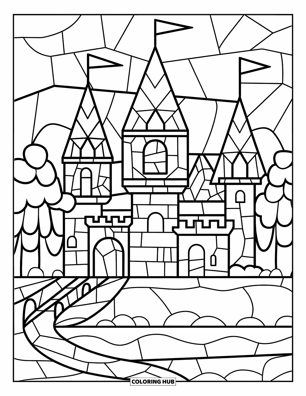 Buntglas Ausmalbild für Kinder: Burg mit Buntglastürmen und einem getäfelten Himmel darüber