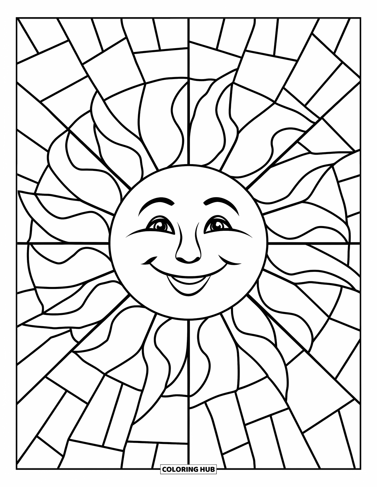 Buntglas Ausmalbild für Kinder: Fröhliche Buntglassonne mit langen, welligen Strahlen und einem breiten Grinsen