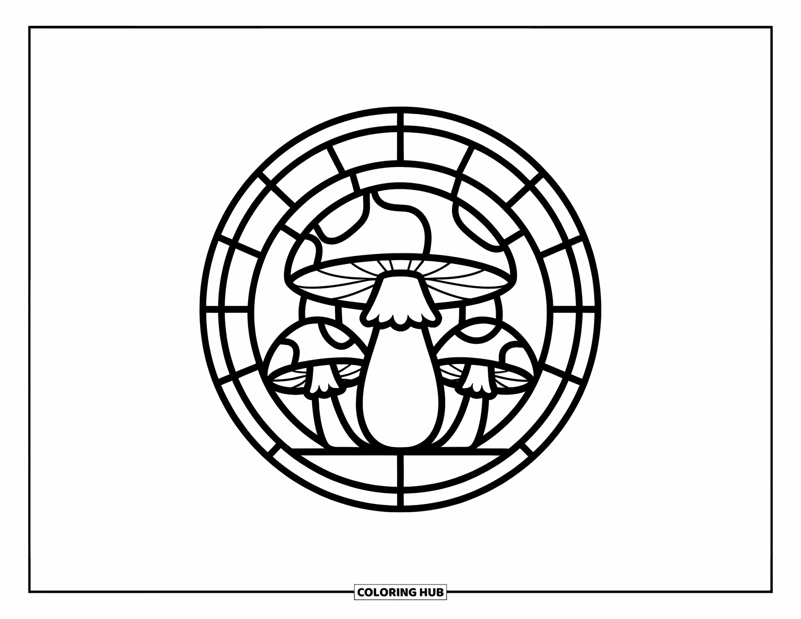 Buntglas Ausmalbild für Kinder: Klobiger Buntglaspilz in einem kreisförmigen Rahmen