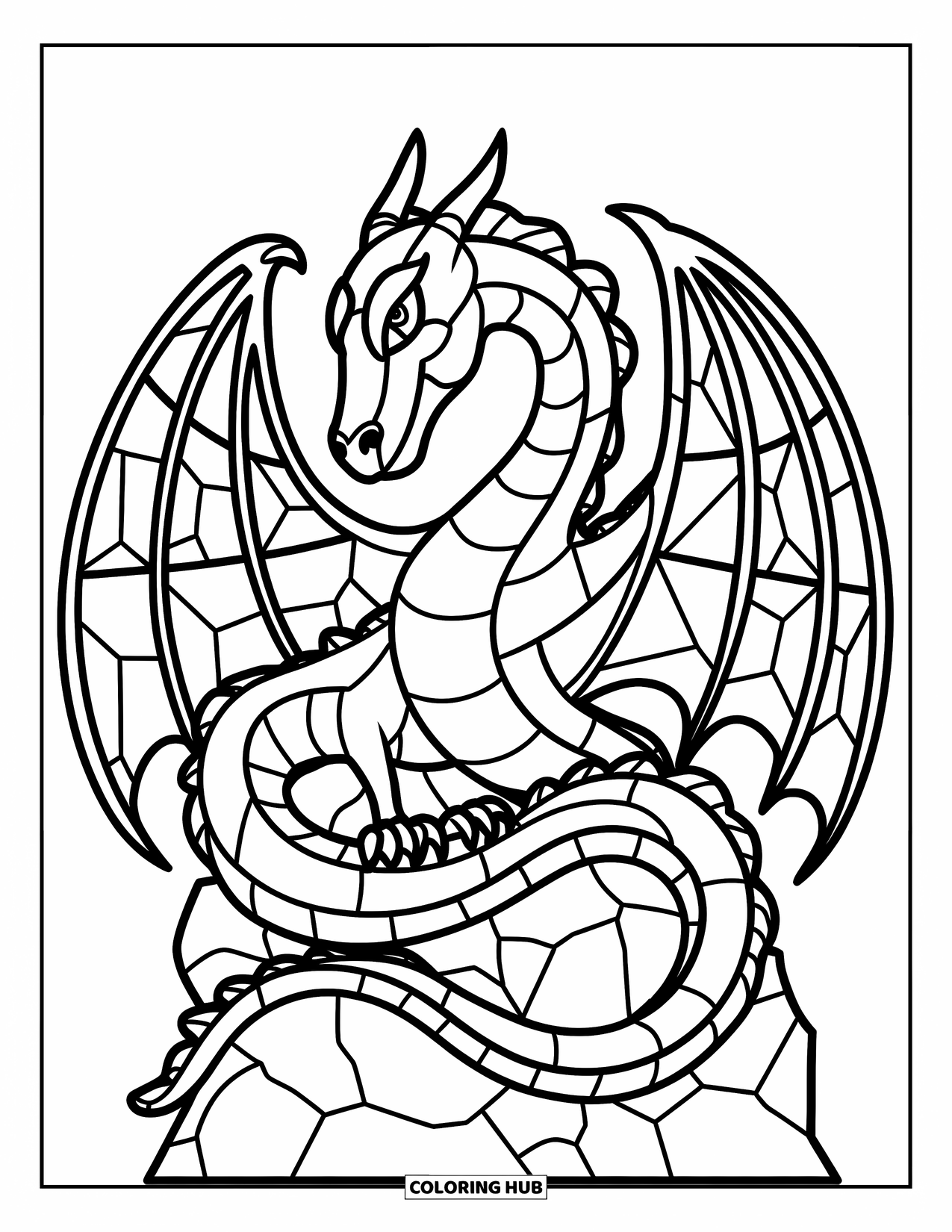 Buntglas Ausmalbild für Kinder: Gekrümmter Drache mit Buntglasflügeln und wirbelnden Körpersegmenten