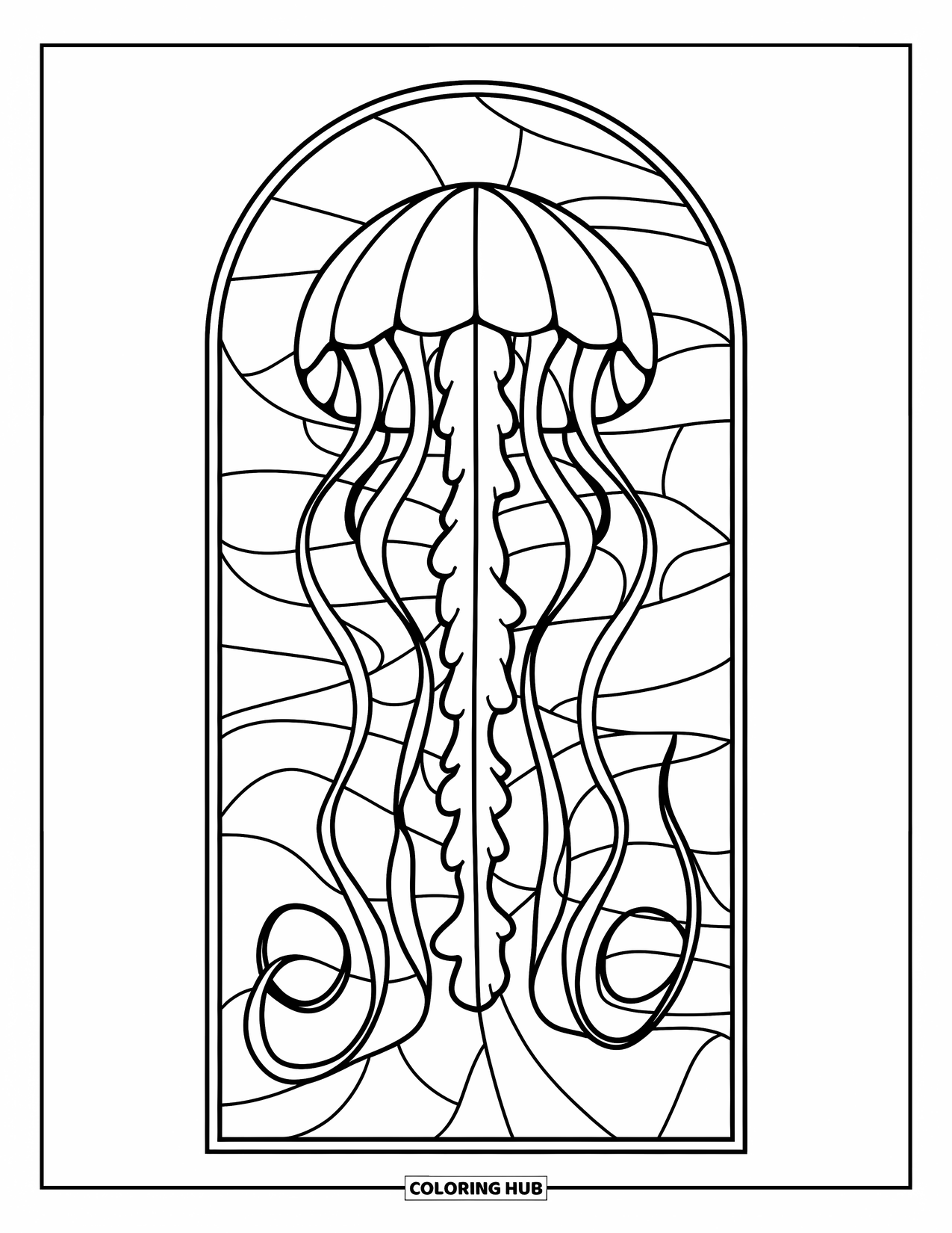 Buntglas Ausmalbild für Kinder: Kurvenreiche Buntglasqualle mit wirbelnden Feldern und weichen Formen