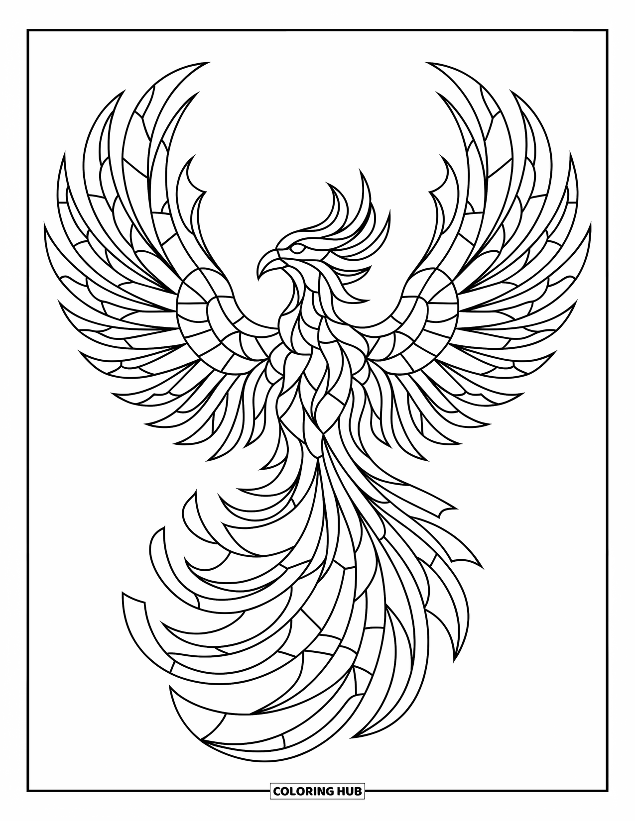 Buntglas Ausmalbild für Kinder: Feuriger Buntglasphönix, umgeben von kräftigen Flammenmosaiken