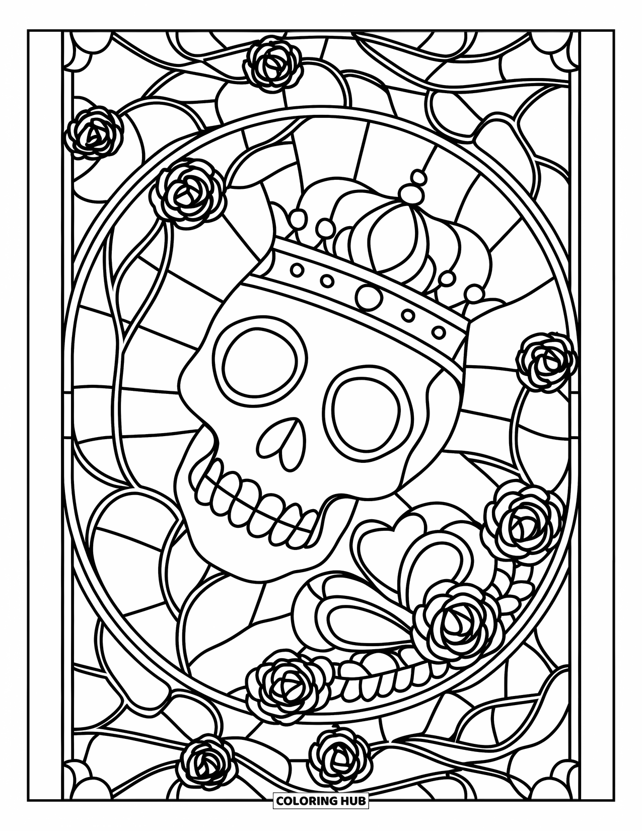 Buntglas Ausmalbild für Kinder: Blumiger Buntglasschädel, umgeben von Rosen und einem Herz