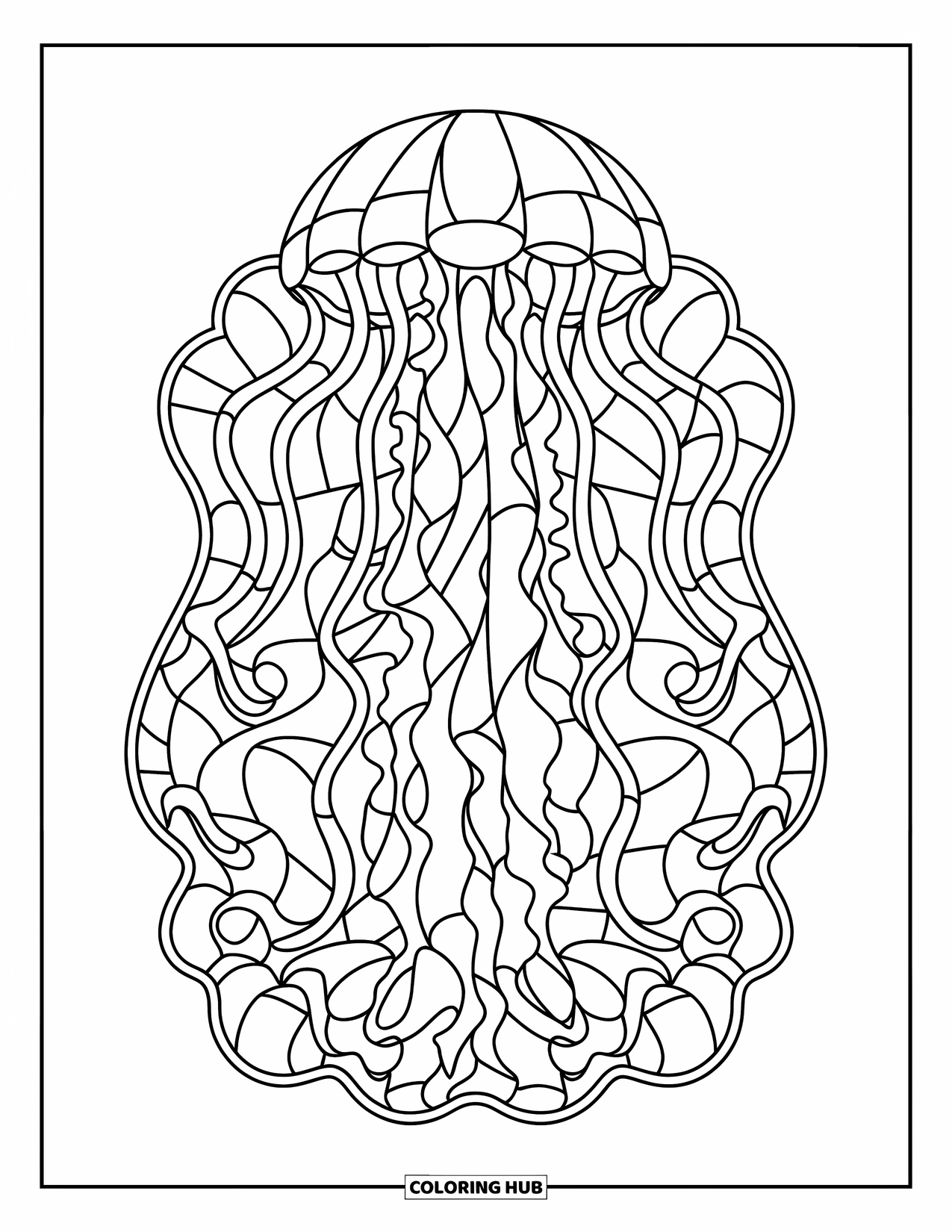 Buntglas Ausmalbild für Kinder: Fließende Buntglasqualle mit wirbelnden segmentierten Feldern