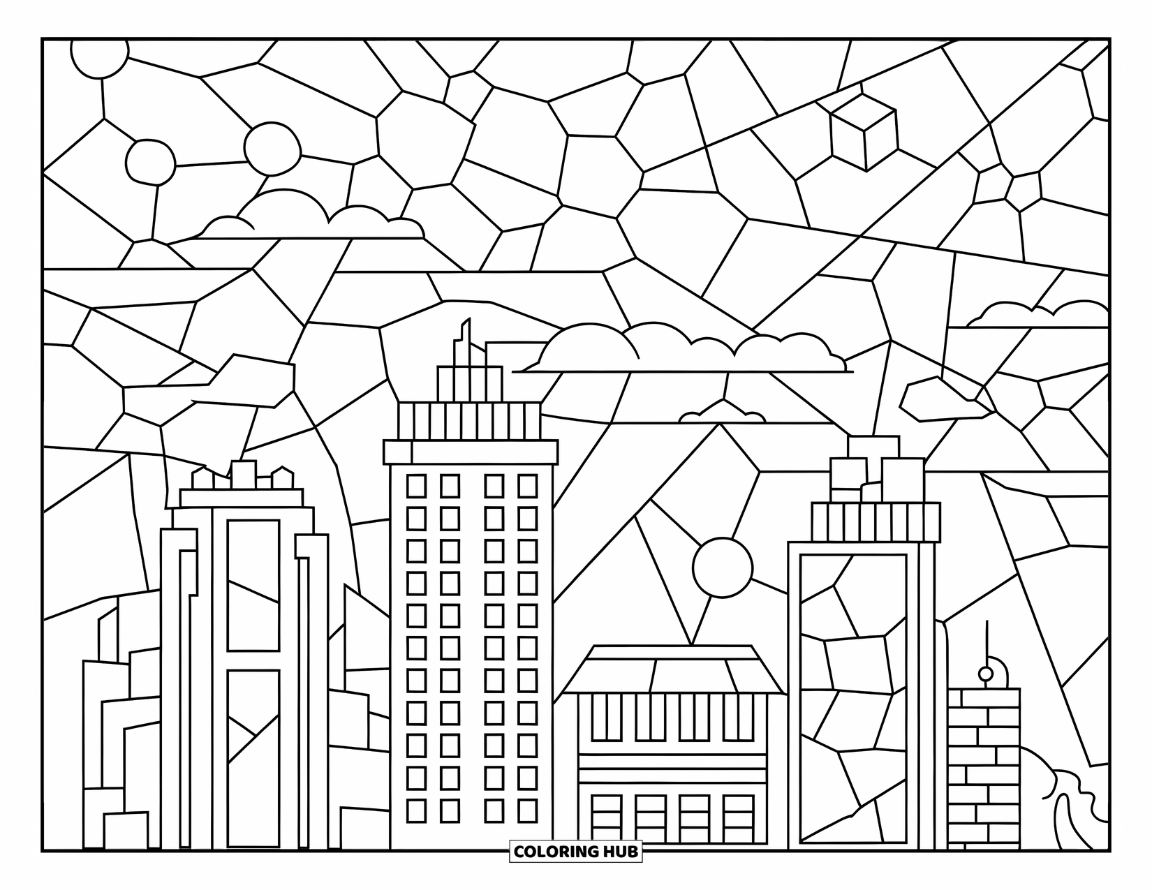 Buntglas Ausmalbild für Kinder: Geometrische Buntglasstadtszene mit leuchtenden Türmen und Sternformen