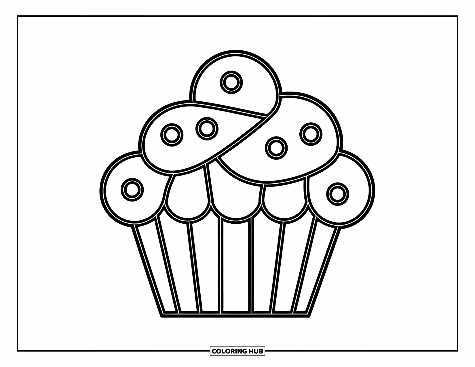 Buntglas Ausmalbild für Kinder: Glasförmiges Küchlein mit fröhlichen Streuseln und kräftigen Umrissen