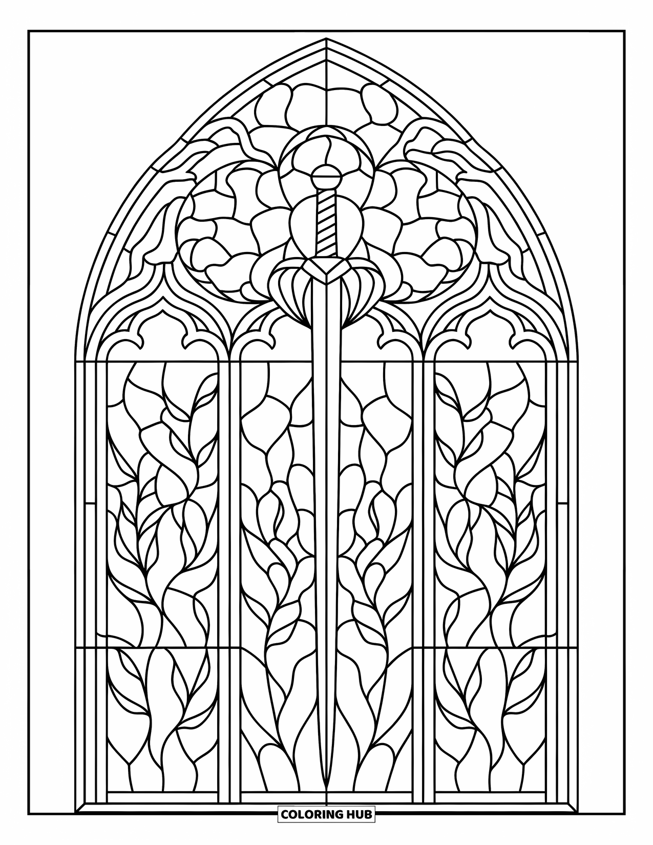 Buntglas Ausmalbild für Kinder: Gotisches Buntglas-Rosenfenster mit Schwert und gewundenen Ranken