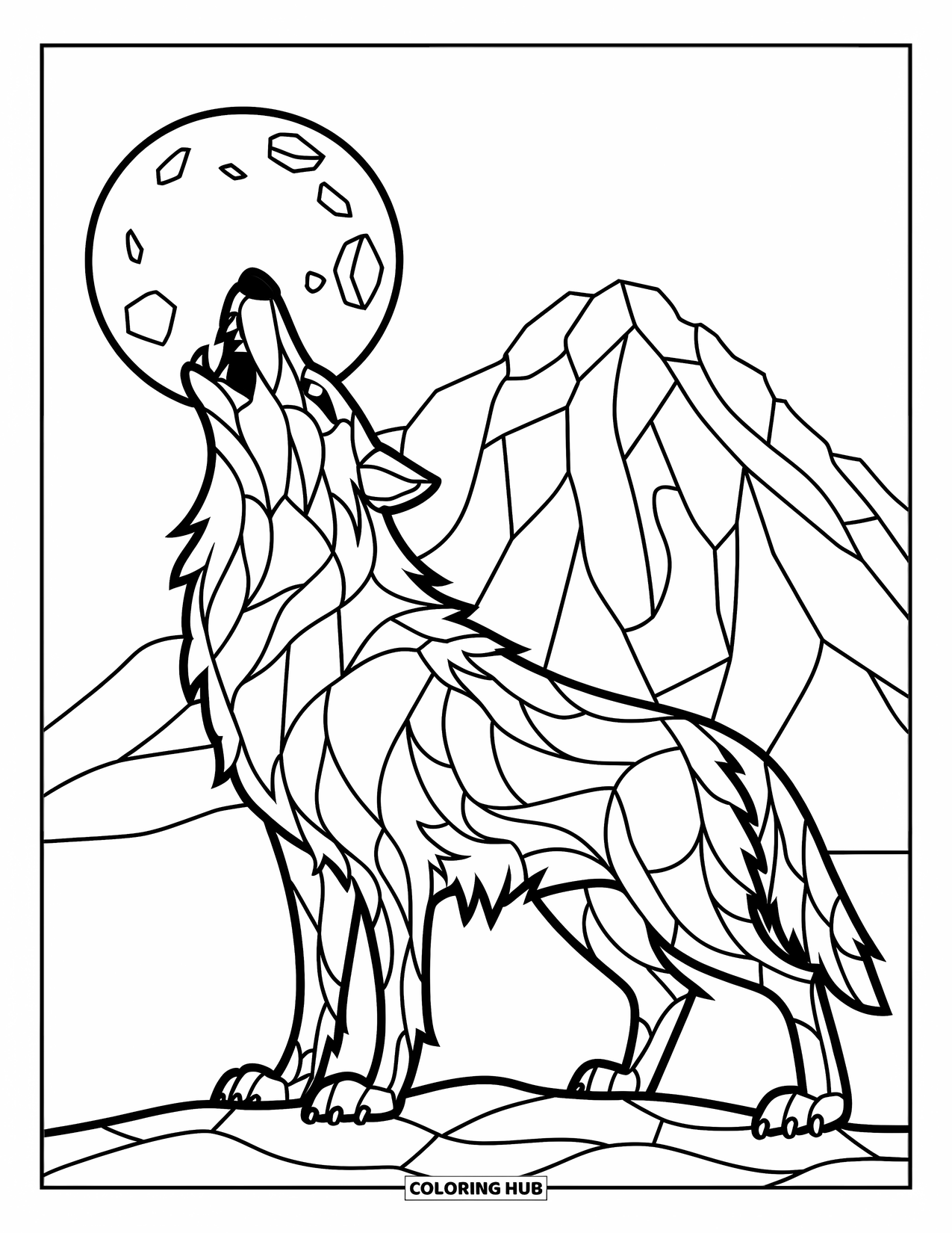 Buntglas Ausmalbild für Kinder: Heulender Buntglaswolf mit detailliertem Fell und Bergsilhouette