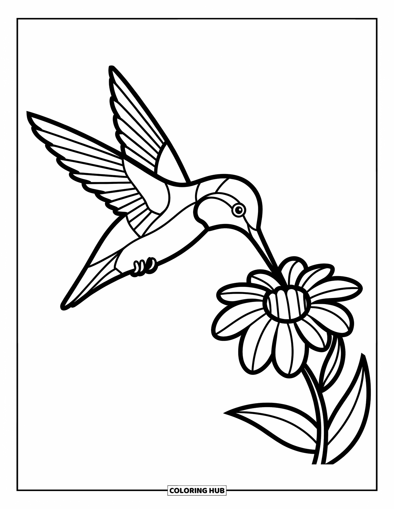 Buntglas Ausmalbild für Kinder: Kolibri, der Nektar mit Buntglasflügeln und Blütenblättern schlürft