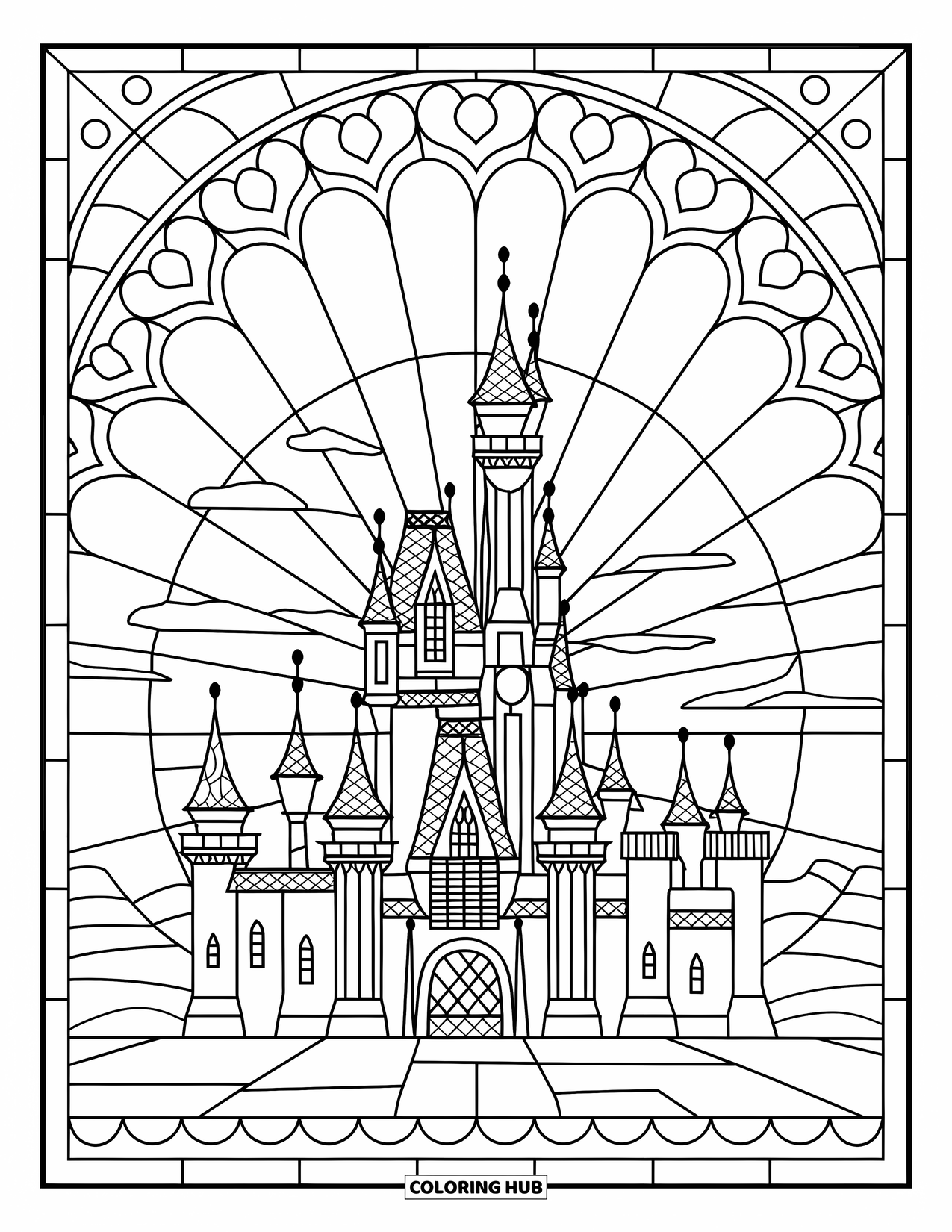 Buntglas Ausmalbild für Kinder: Aufwendige Buntglasburg mit Türmen und segmentierten Wolken