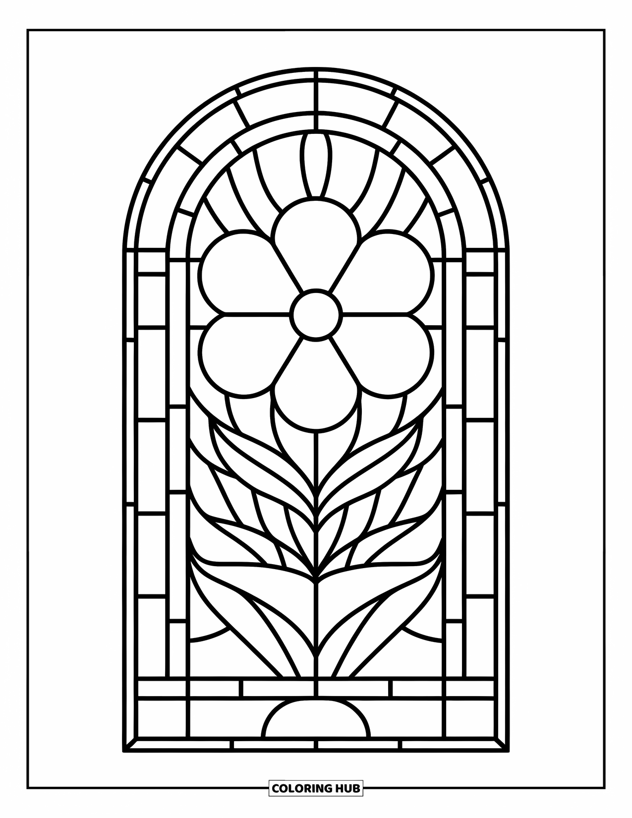 Buntglas Ausmalbild für Kinder: Aufwendige Buntglasblume in einem geometrischen Bogendesign