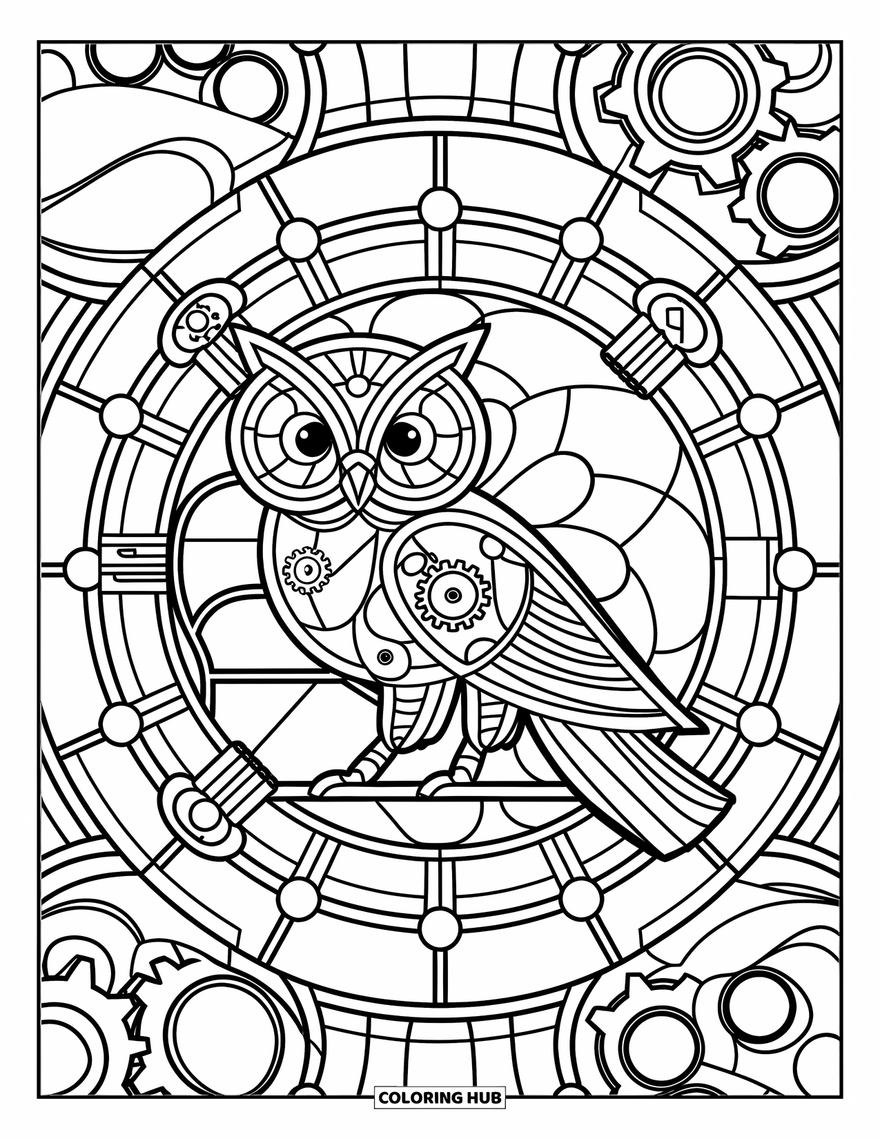 Buntglas Ausmalbild für Kinder: Aufwendige Buntglaszahnräder und Eule mit „STEAMPUNK“-Herzstück