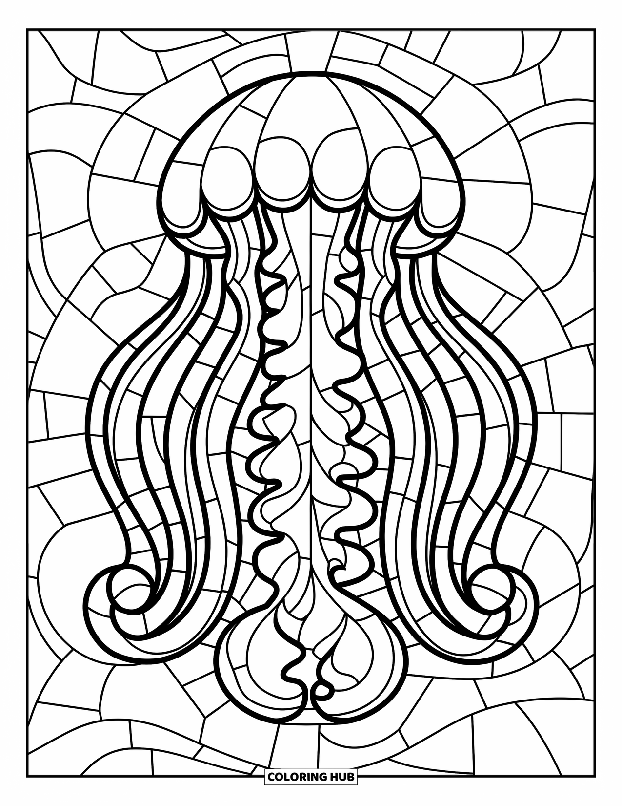 Buntglas Ausmalbild für Kinder: Qualle mit wirbelnden Tentakeln in einem Buntglas-Ozeandesign