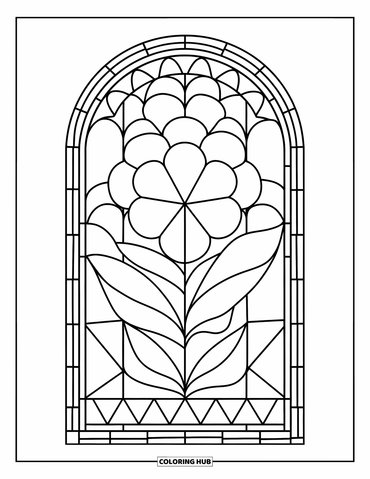 Buntglas Ausmalbild für Kinder: Großblättrige Blume in einem Buntglasbogenfenster