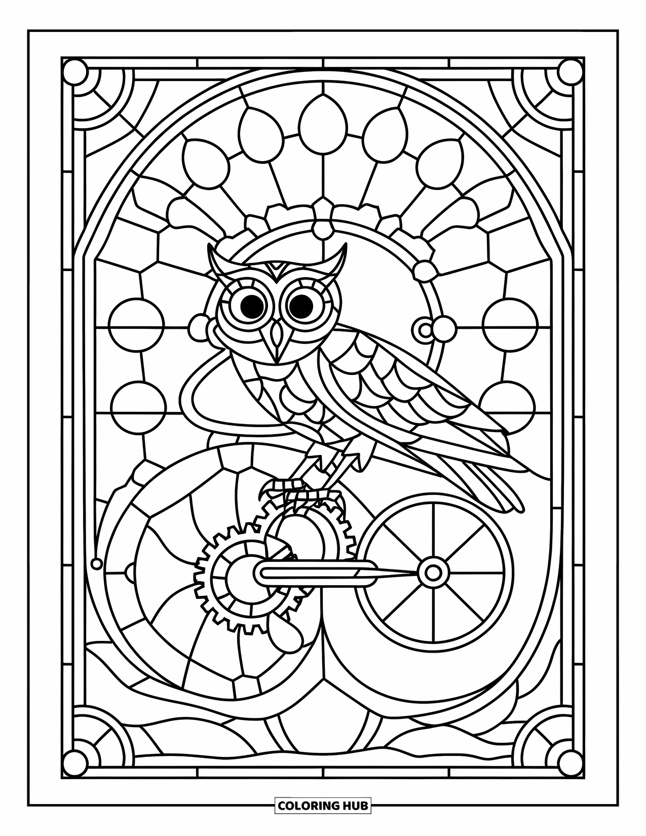 Buntglas Ausmalbild für Kinder: Mechanische Eule und Zahnräder in einem kräftigen Steampunk-Buntglasdesign