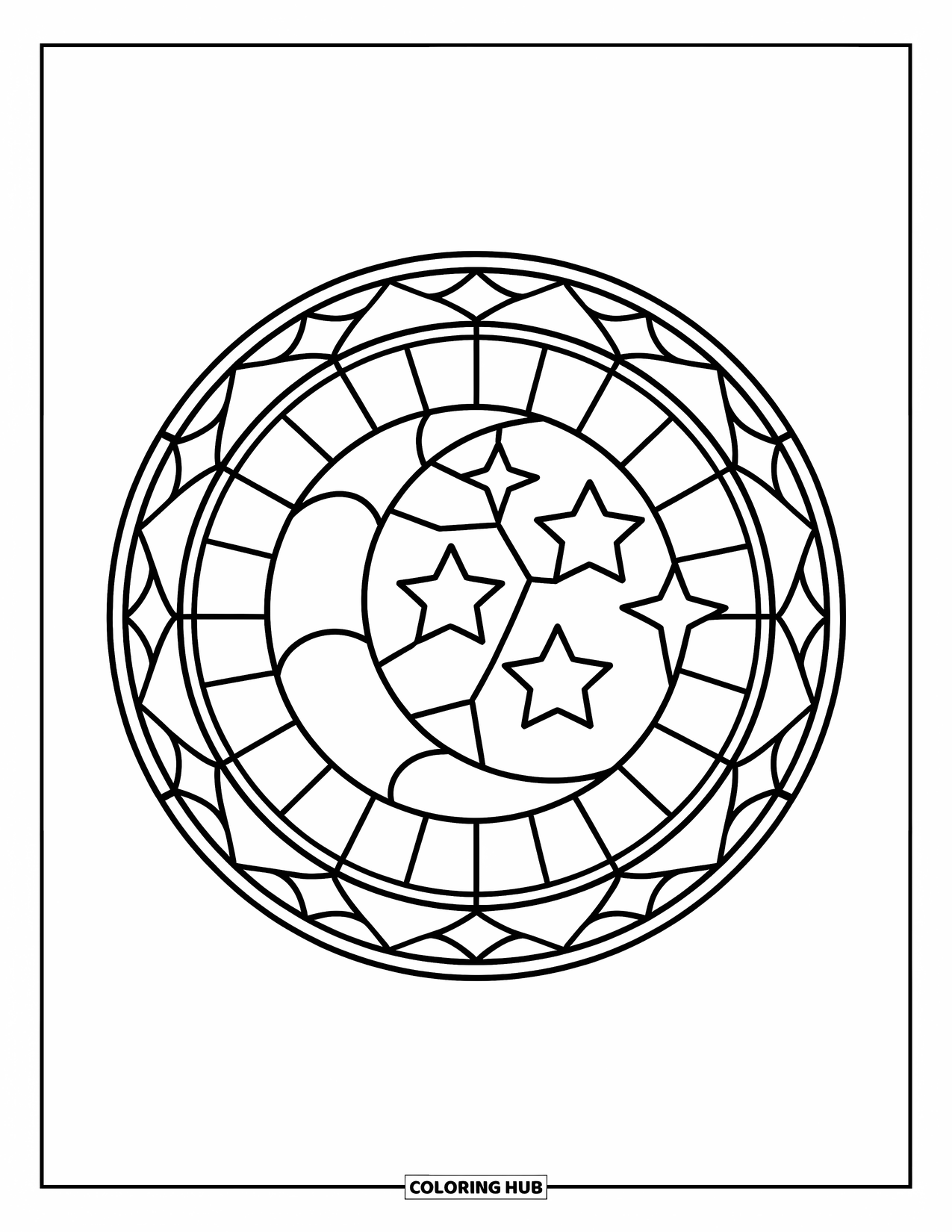 Buntglas Ausmalbild für Kinder: Mond und drei Sterne in einem runden Buntglasrahmen
