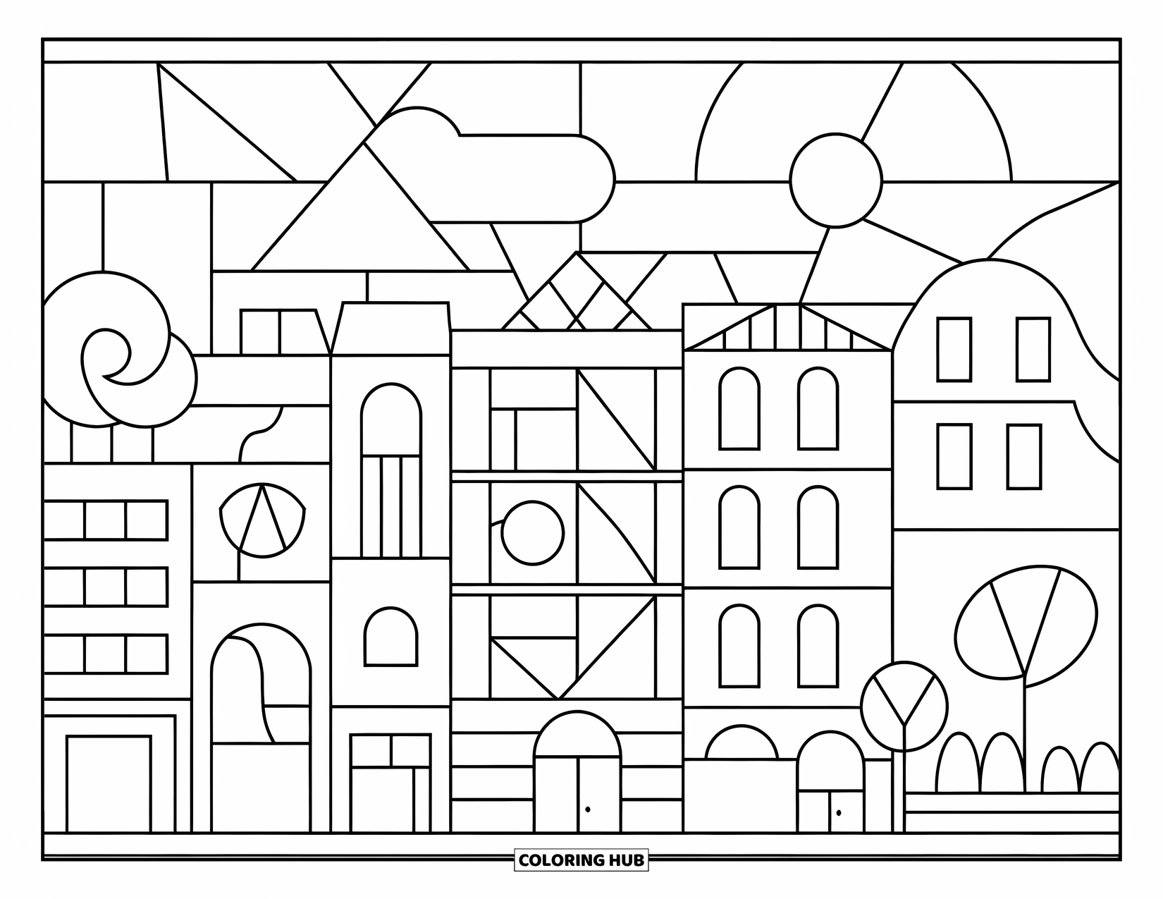 Buntglas Ausmalbild für Kinder: Nächtliche Stadtlandschaft mit leuchtenden Fenstern und geometrischen Buntglasformen